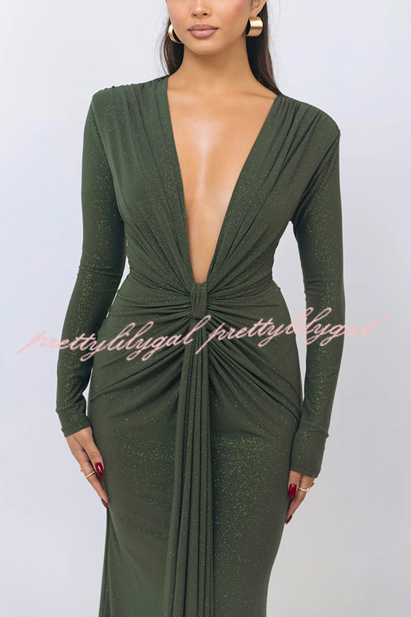 Elegant Solid Color Shiny V-Neck Long Sleeve Ribbon Slit Slim Fit Maxi Dress for Women - Perfect for Evening Parties, Date Nights & Special Occasions