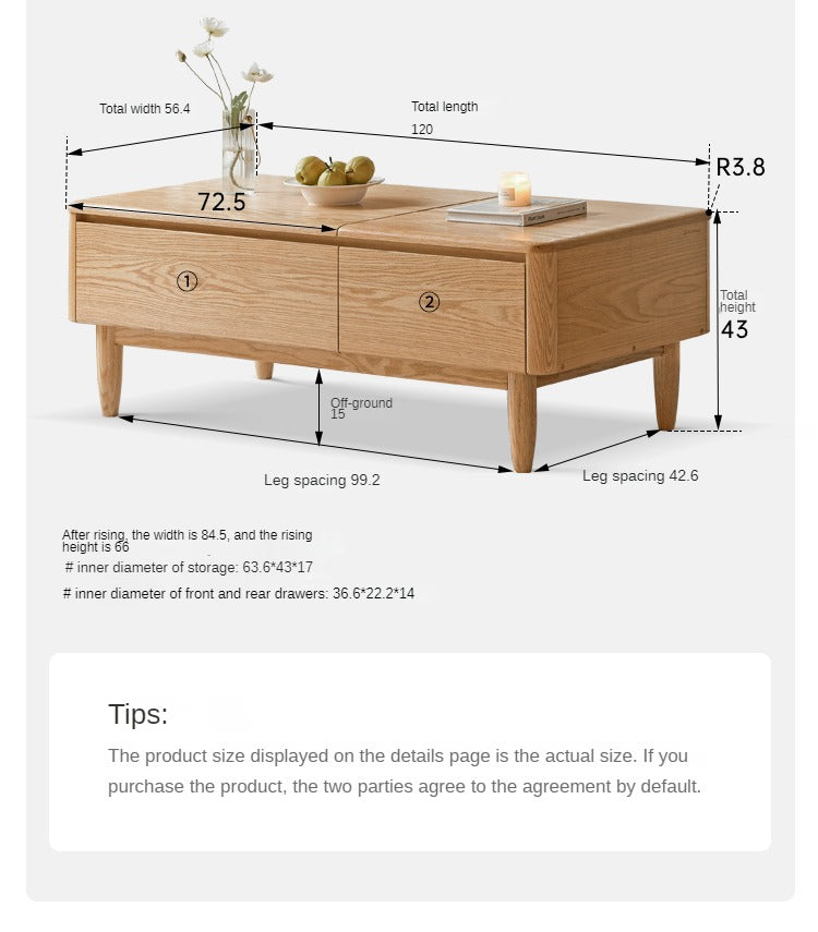 Solid Oak Wood Modern Lift-Top Coffee Table with Slate Surface - Perfect for Living Room, Home Office, and Small Spaces