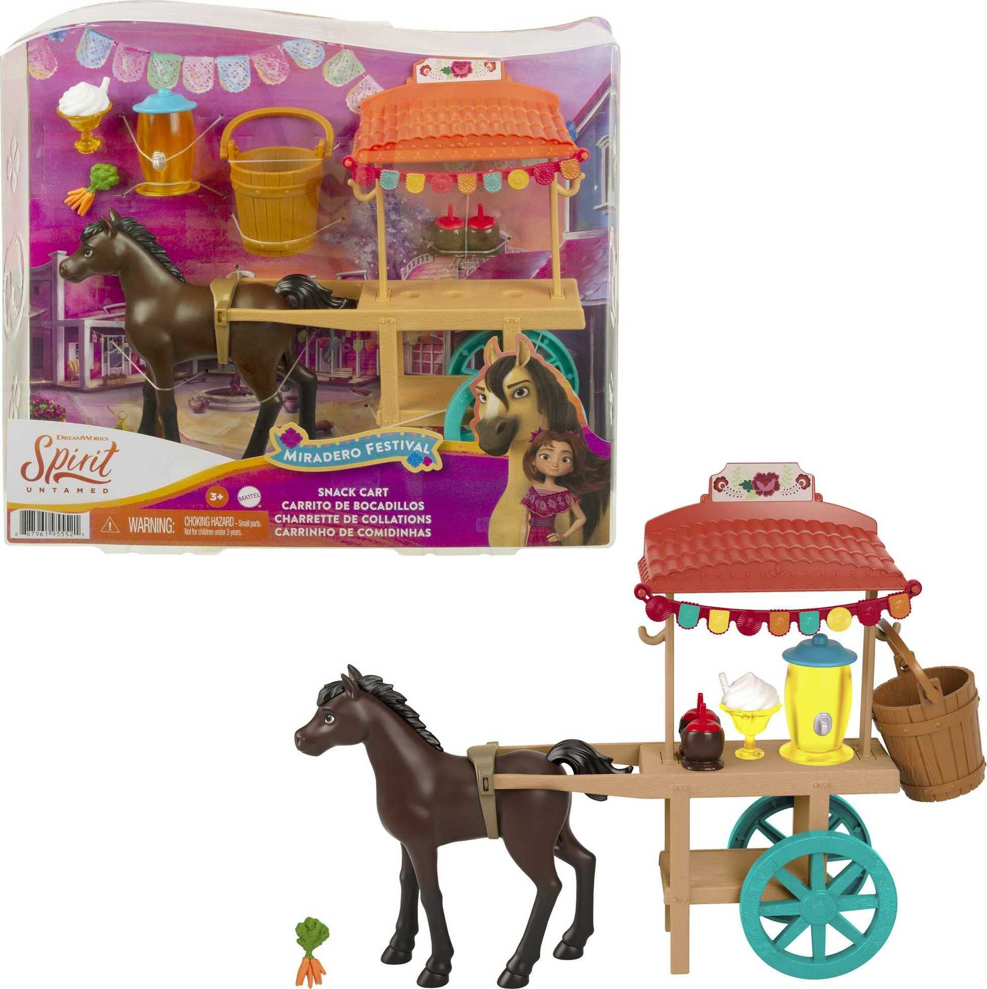 Mattel Spirit Untamed Miradero Snack Cart Toy with Rolling Wheels & Canopy - Includes 5-in Pony & Accessories - Perfect Gift for Kids Ages 3+ (Pink) - Ideal for Pretend Play, Outdoor Adventures & Birthday Presents