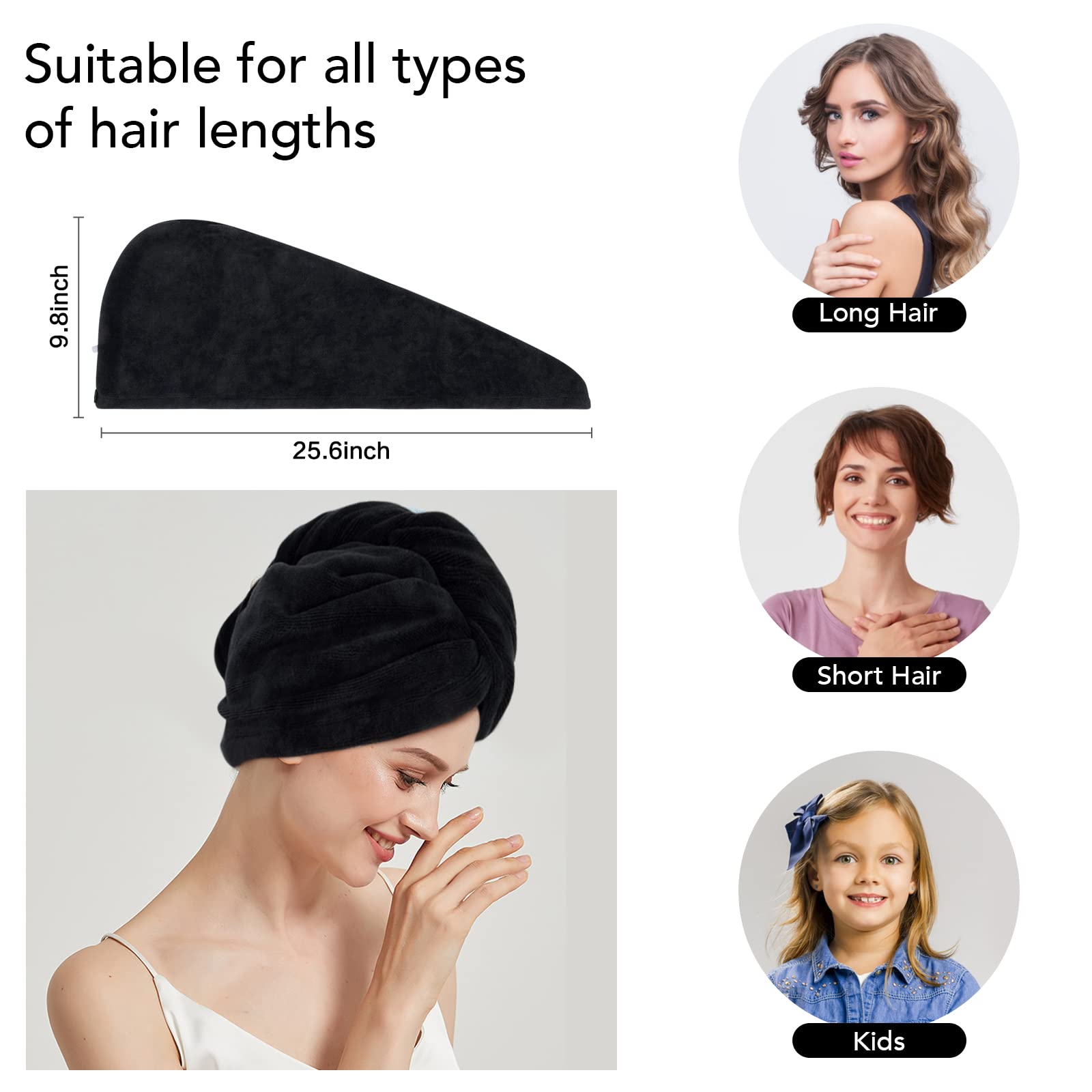 **SINLAND Microfiber Hair Drying Towel Cap - Super Absorbent, Fast Drying, Soft & Lightweight Hair Turban for Women (3 Pack, Black) - Perfect for Showers, Salons & Travel**