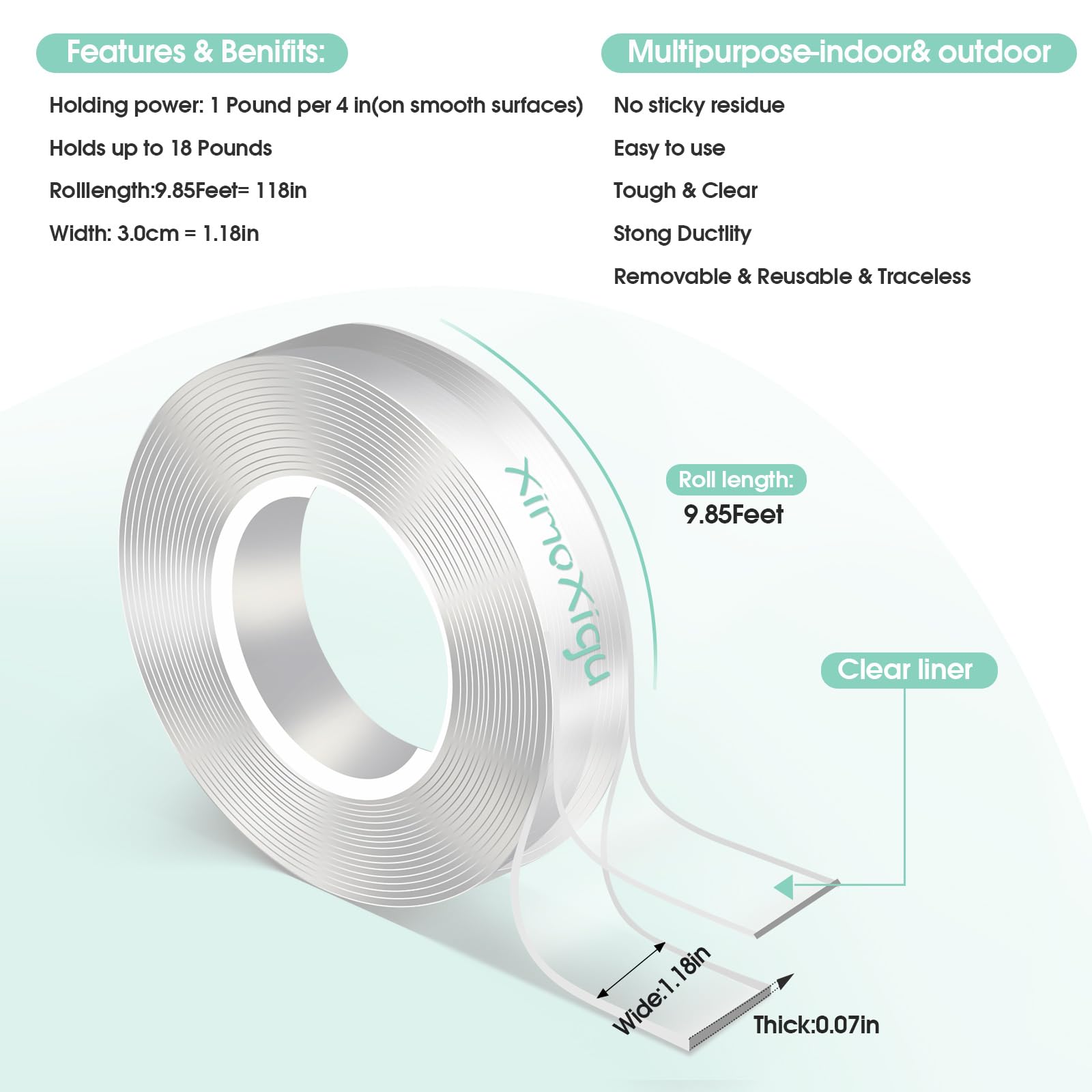Alien Tape Heavy Duty Double Sided Tape - Extra Large Clear Nano Adhesive Mounting Tape for Pictures, Posters & Decor - Removable Wall Hanging Strips & Carpet Tape (9.85FT) - Perfect for Home, Office & DIY Projects