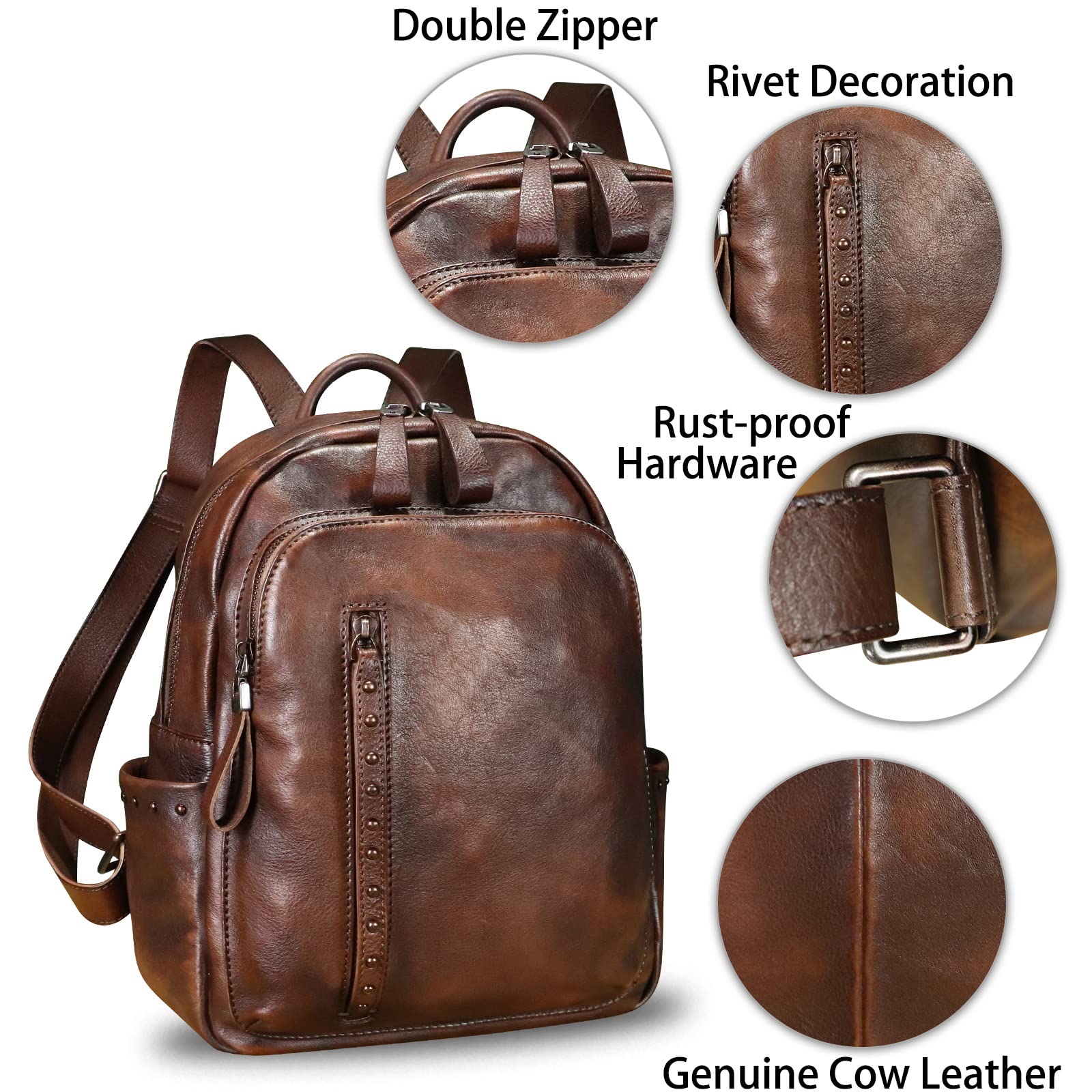 Genuine Leather Backpack Purse for Women - Vintage Cowhide Daypack with Western Rivets, Handmade College Rucksack (Coffee) - Perfect for School, Travel & Casual Outings