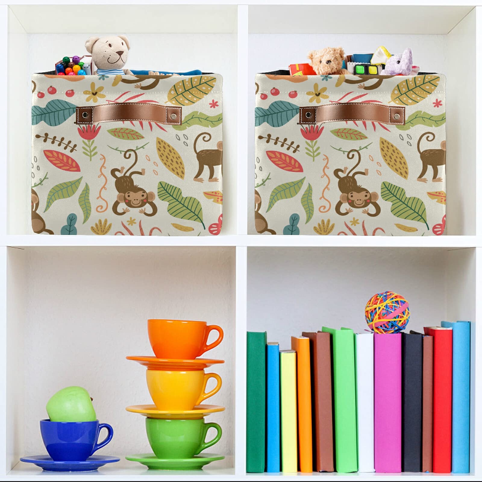 Foldable Storage Bin with Handles - Cute Jungle Monkeys Design, Collapsible Fabric Storage Basket for Organizing Toys, Nursery, Closet, Bedroom & Office - Perfect for Kids' Room Decor & Home Organization (1PC)