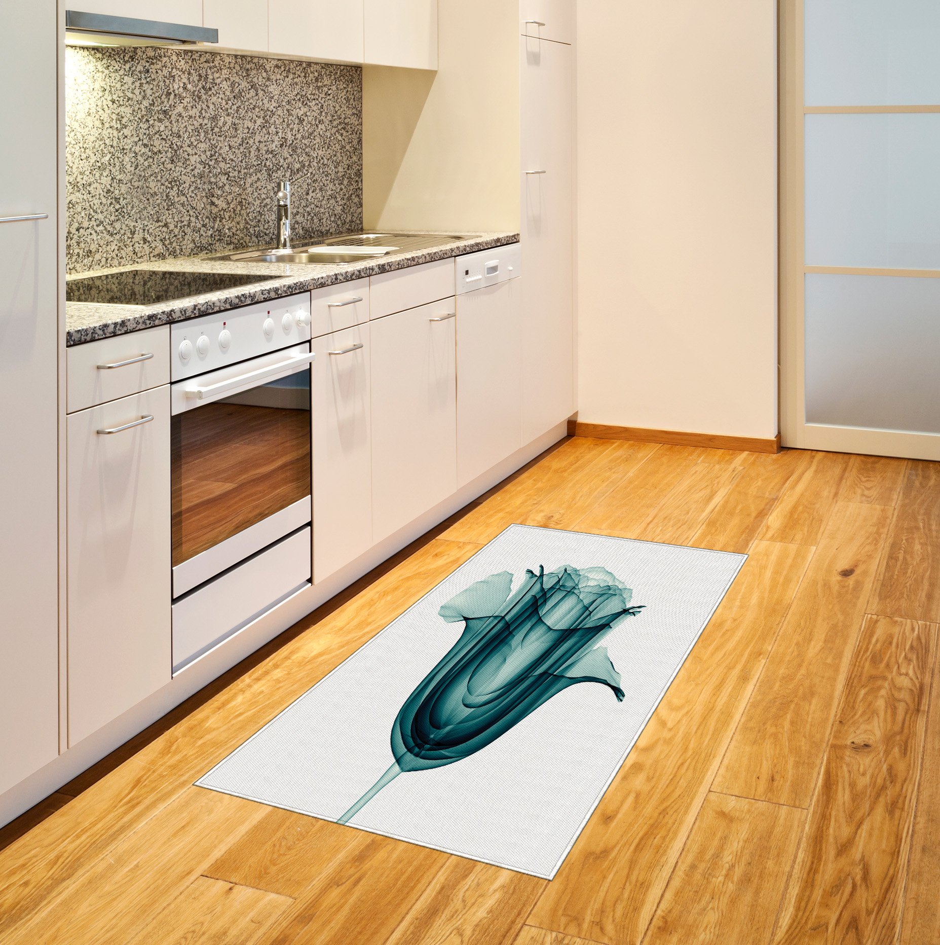 Ambesonne Floral Area Rug - X-ray Rose Flower Print, Teal & White Flat Woven Accent Rug 2'6