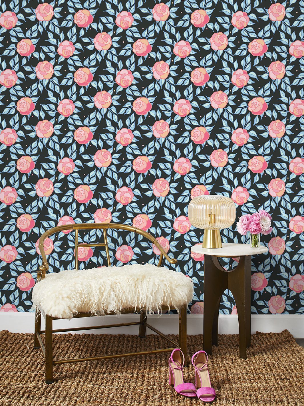 Barbie™ Groovy Floral Peel and Stick Wallpaper - Charcoal Gray Removable Self-Adhesive Wall Decor for Bedroom, Living Room, Nursery