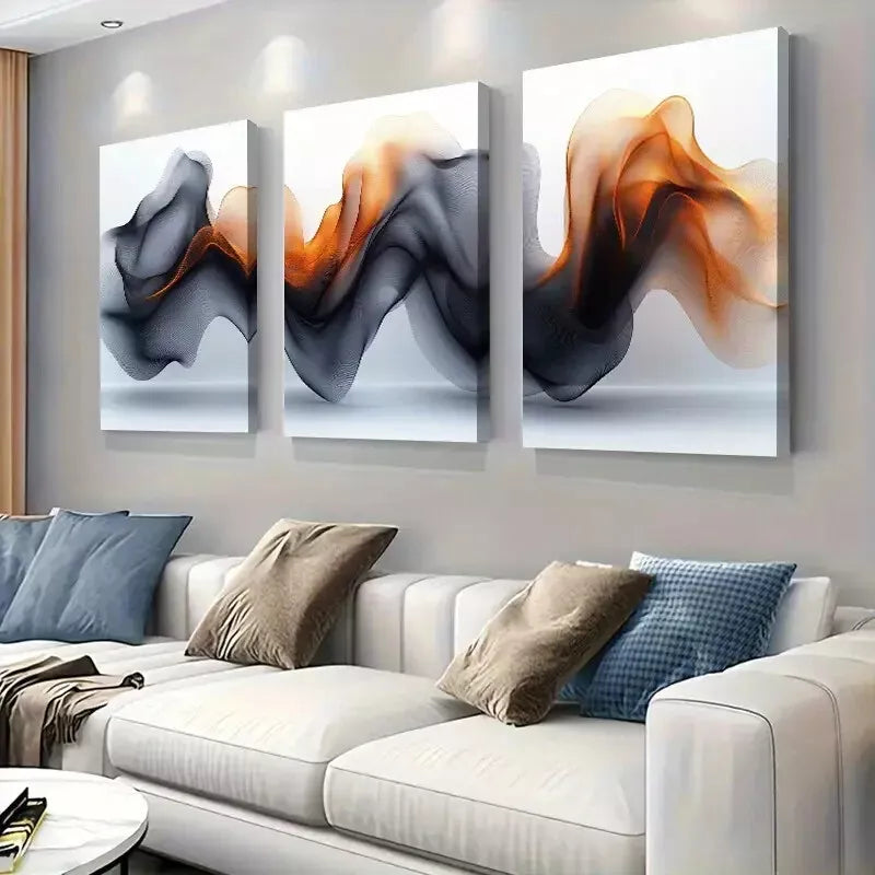 3-Piece Black, Orange & Gray Swirling Fluid Abstract Wall Art Set - 50x70cm Framed Canvas Prints - High Quality Australian Made Ready-to-Hang Decor for Living Room, Bedroom & Office