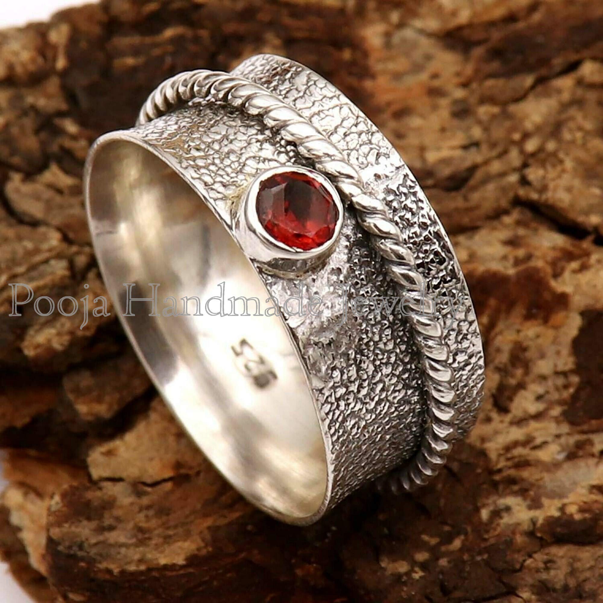 925 Sterling Silver Red Garnet Spinner Ring for Women - Elegant Twisted Design Gemstone Jewelry, Perfect Wedding & Birthday Gift - Ideal for Stress Relief, Meditation & Fashion Accessories