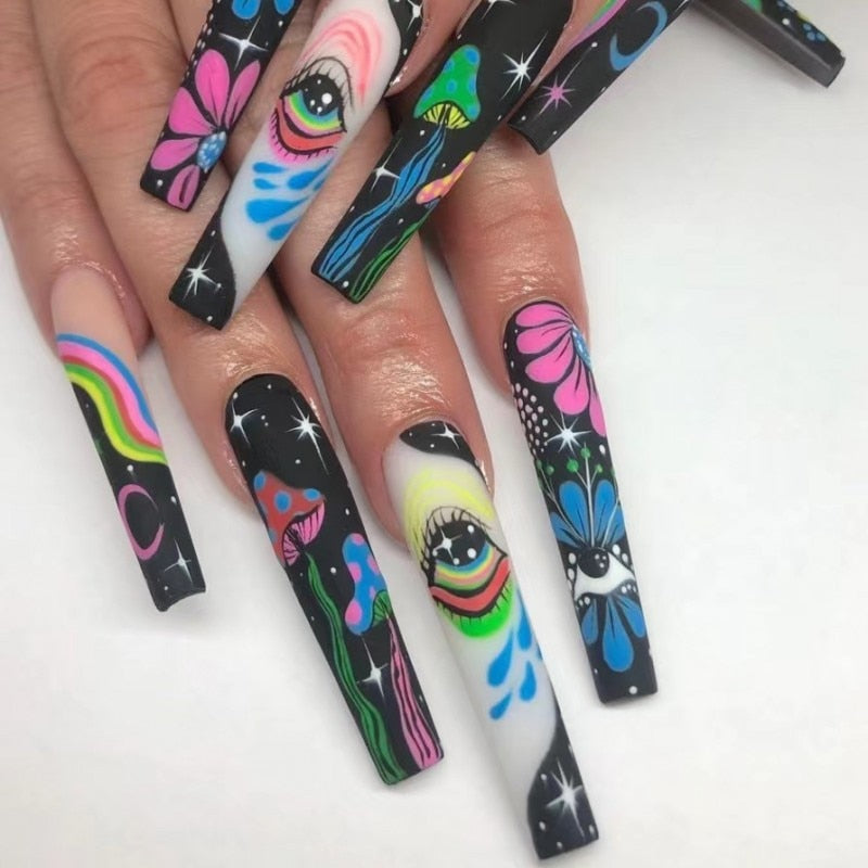 3D Press On Nails Long Coffin French Tips with Star Celestial Eye Designs - DIY Fake Nails Set for Manicure | Perfect for Parties, Weddings, and Special Occasions