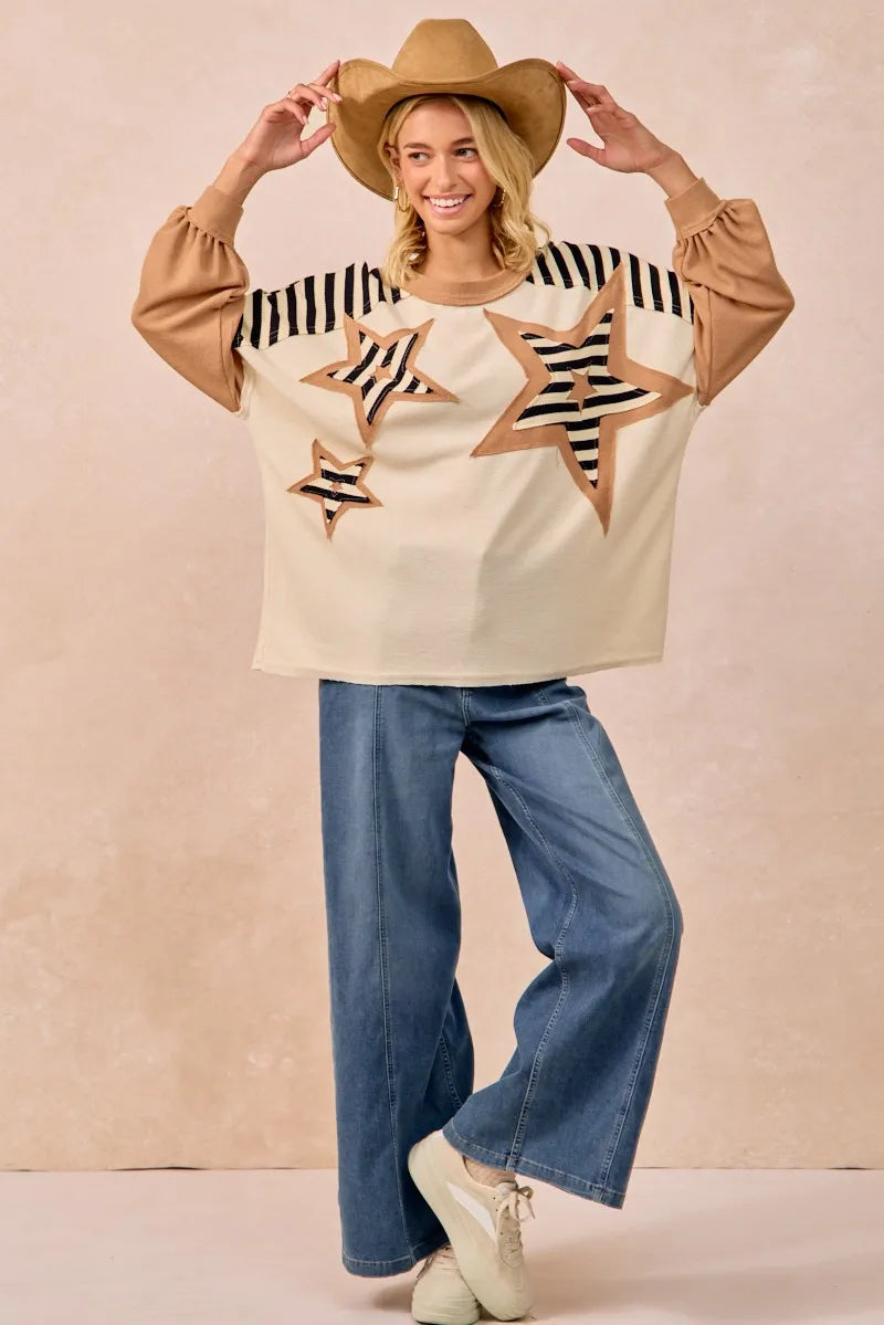 BiBi Star Patchwork Mixed Long Sleeve Top for Women - Stylish Boho Chic Blouse for Casual Wear, Date Night & Office Outfits