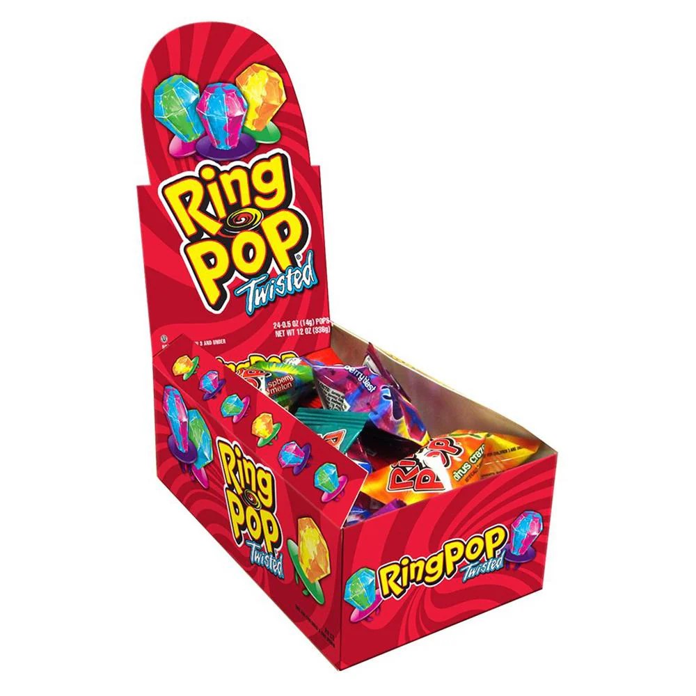 Bazooka Ring Pop Twisted Candy - 24 Count Bulk Box | Fun Party Favors, Birthday Treats & Halloween Candy for Kids