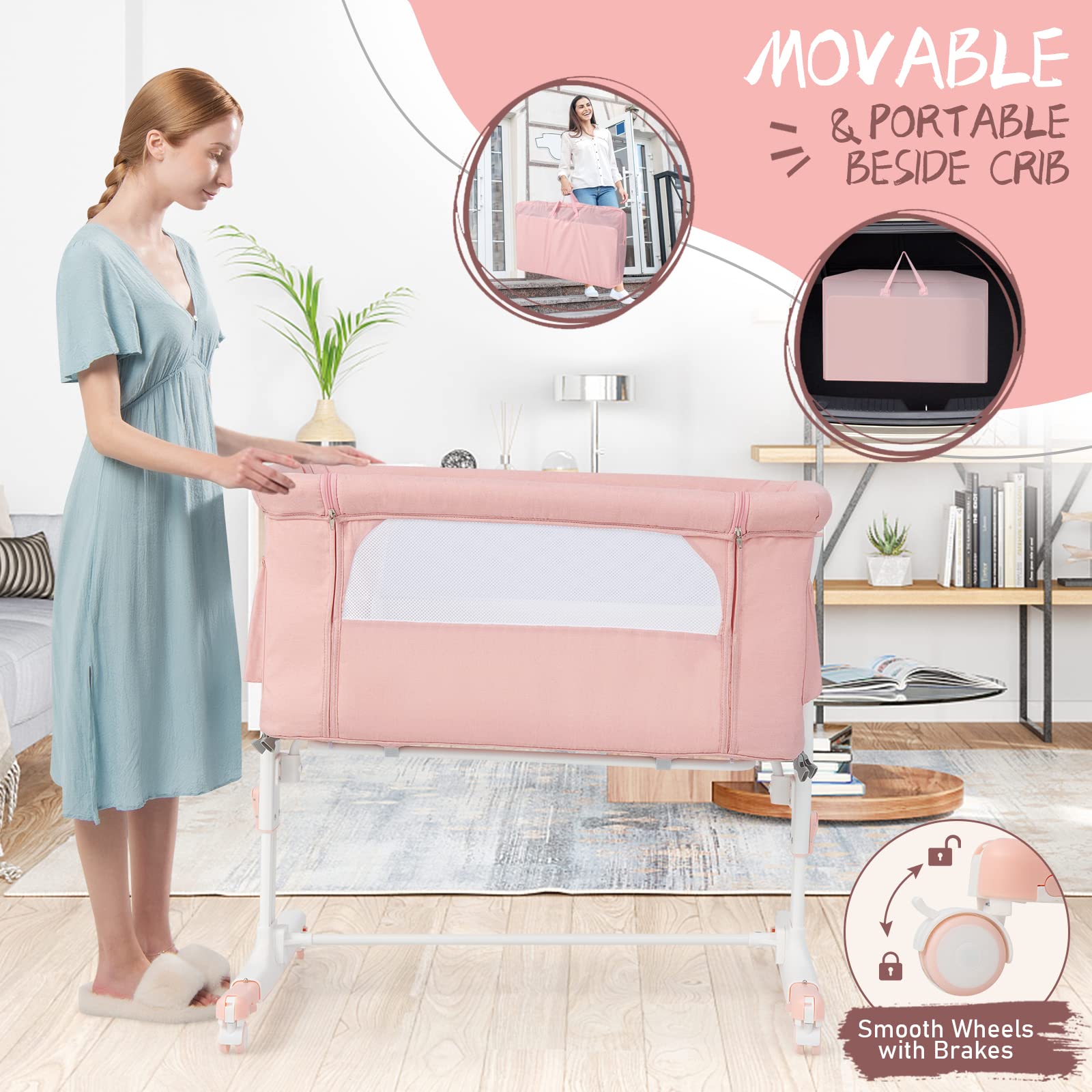 HONEY JOY 3-in-1 Portable Baby Bassinet Bedside Sleeper - Adjustable Height Folding Crib with Wheels, Mattress & Carry Bag for Newborns & Infants (Pink) | Perfect for Nursery, Bedside Co-Sleeping & Travel