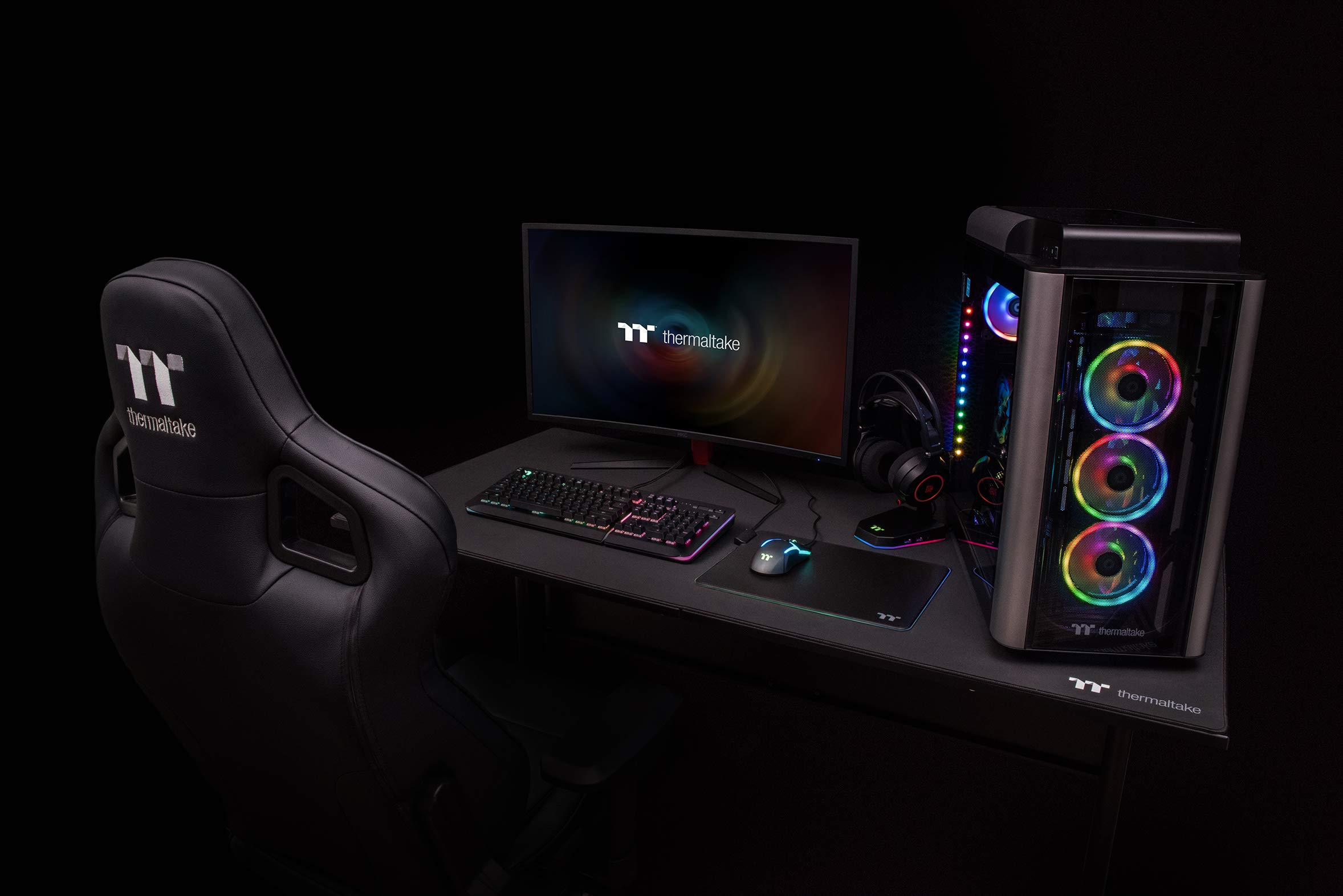 Thermaltake Level 20 GT Battlestation Gaming Desk - Adjustable Height, Scratch Resistant Surface, Full-Sized Desk Mat (Black) - Perfect for PC Gaming Setup, Streaming & Home Office Workstation