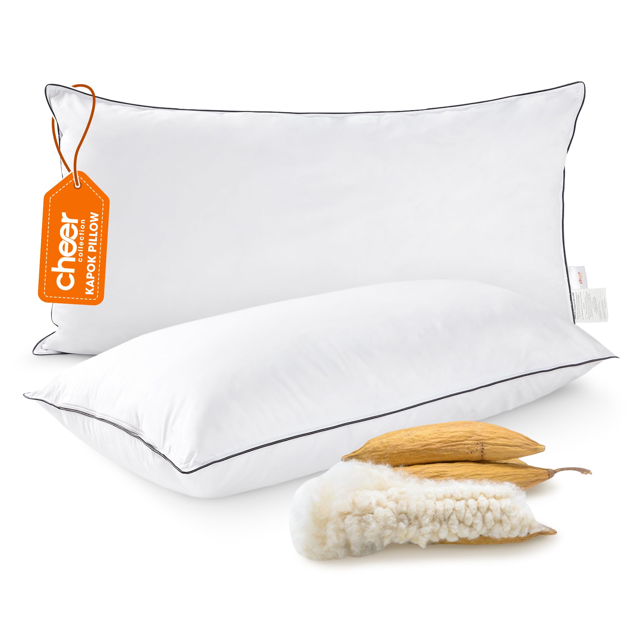 Organic Kapok Bed Pillows Set of 2 - Natural Kapok Fiber Filled Standard Size Sleeping Pillows (20