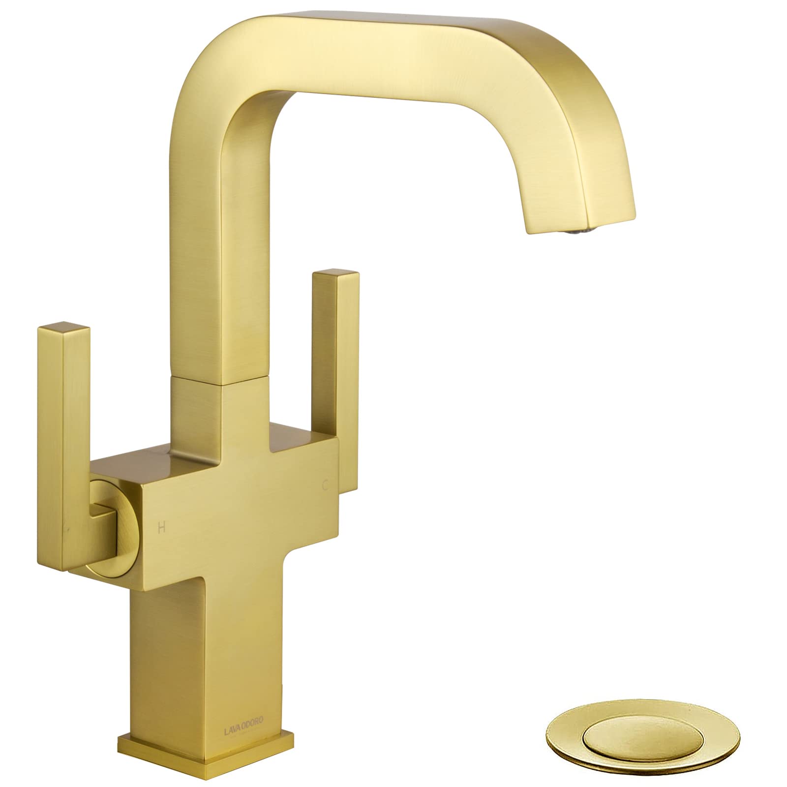 Brushed Gold Bathroom Faucet - Solid Brass High Arc Sink Faucet with Drain for Vanity