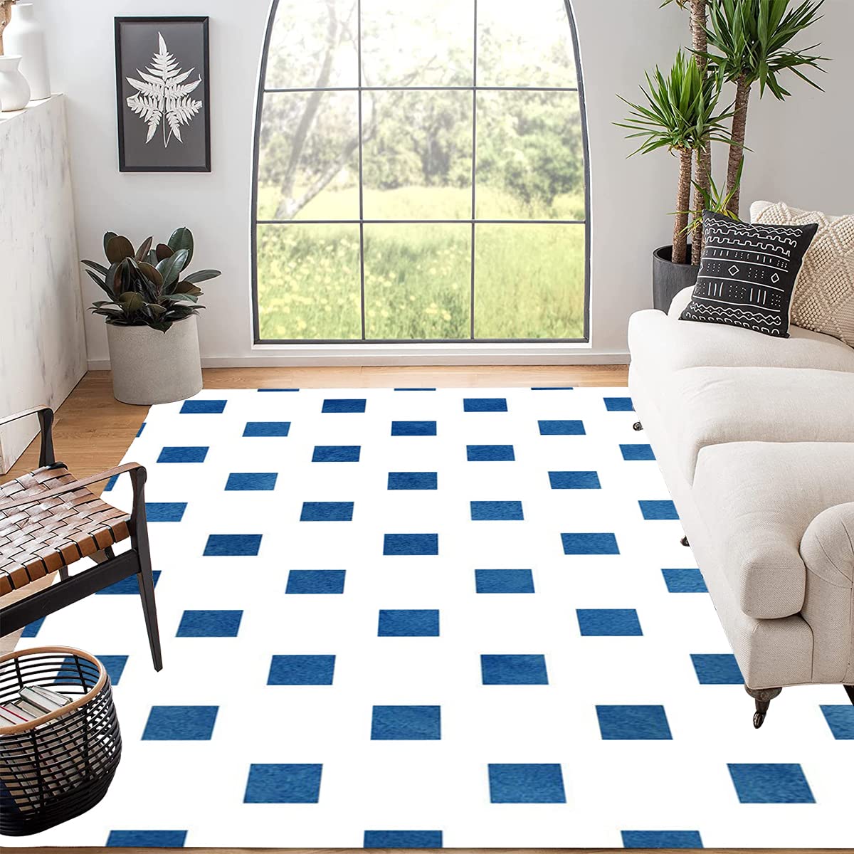 Navy Blue & White Pattern Modern Washable Shaggy Area Rug 6x8 ft - Soft Plush French Carpet for Living Room, Bedroom, Dining Room - Non-Slip Thick Rug Under Coffee Table, Kitchen & Laundry Runner - Perfect for Cozy Home Decor & High-Traffic Areas