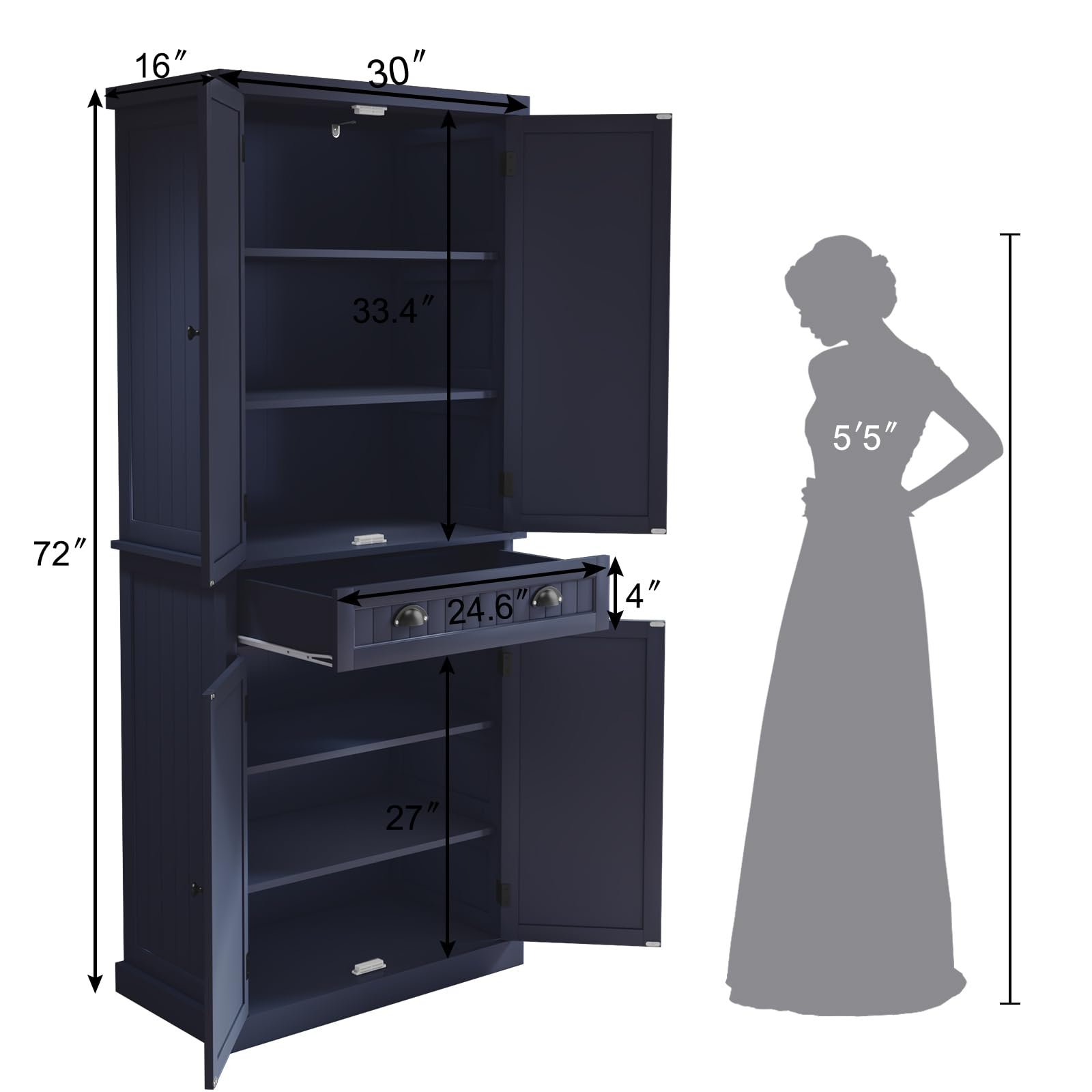 ARTPOWER 3-Tier Kitchen Pantry Storage Cabinet with Drawer & Adjustable Shelves - Organizer for Spices, Food, Toiletries - Perfect for Kitchen, Bathroom, Hallway or Laundry Room - Modern Blue Storage Solution