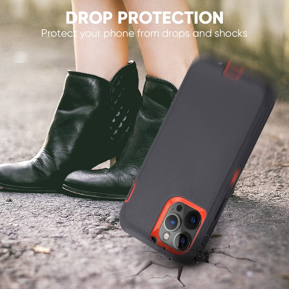 MAXCURY Heavy Duty Shockproof iPhone 12 Pro Max Case - 6.7 Inch 3-Layer Full Body Protection Cover with Silicone Rubber Bumper for Men & Women (Black/Orange) - Perfect for Outdoor, Work & Extreme Sports Protection