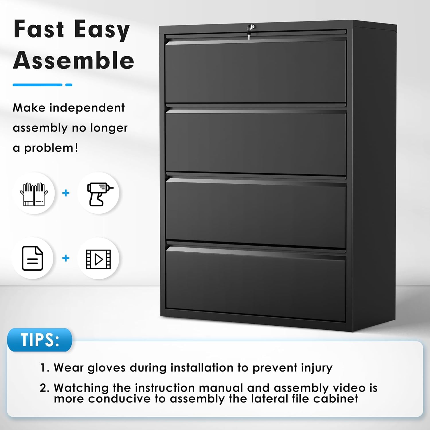 Greenvelly 4-Drawer Lockable Metal Filing Cabinet for Home Office - Black Letter/Legal/A4/F4 Size File Cabinet with Hanging Bars & Key - Perfect for Document Organization in Small Offices, Home Workspaces, and Professional Settings