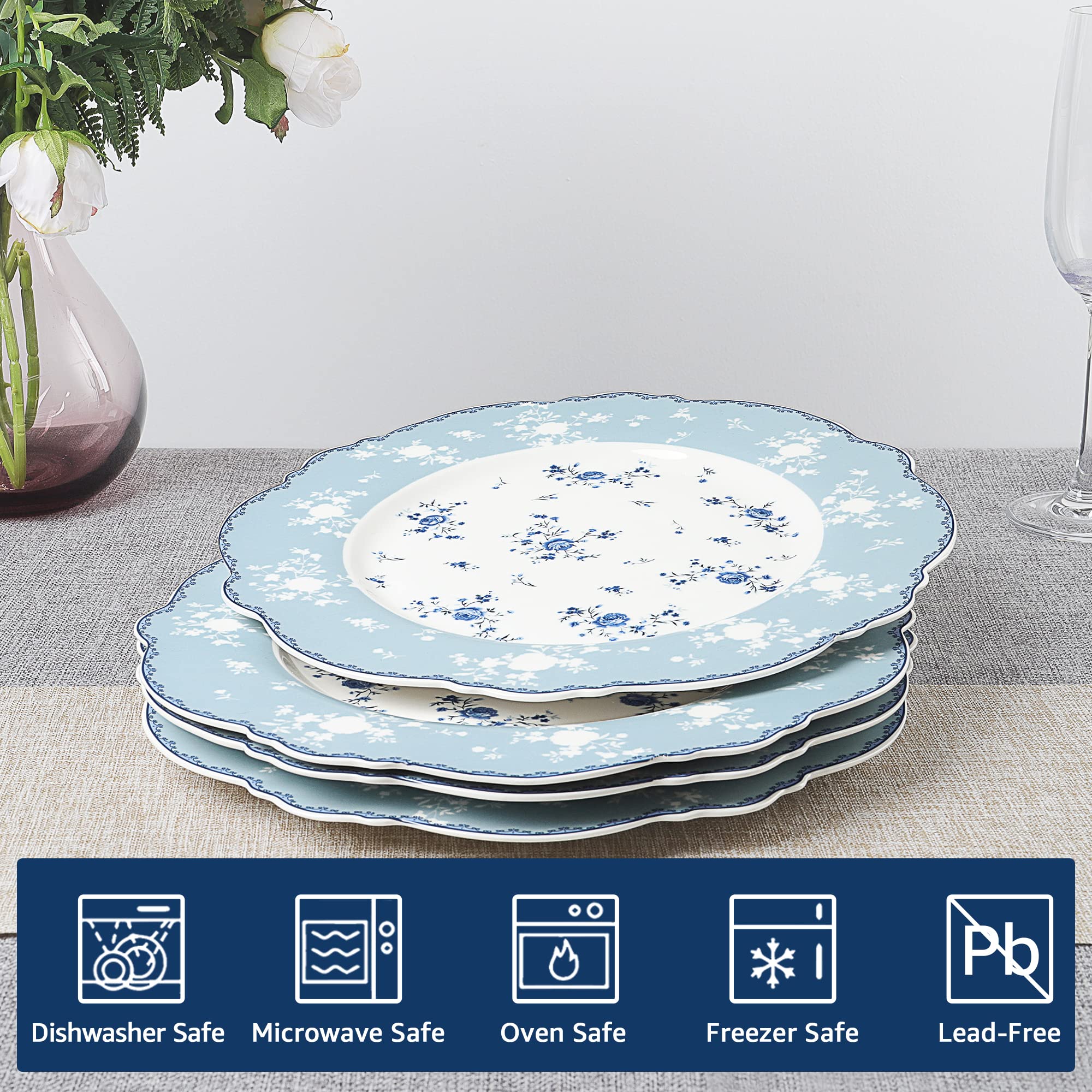Fanquare 10 Inch Porcelain Dinner Plates Set of 4 - Elegant Blue Roses Lace Design Plates for Salad, Pasta, Soup & Dessert - Perfect for Dinner Parties, Weddings & Home Decor