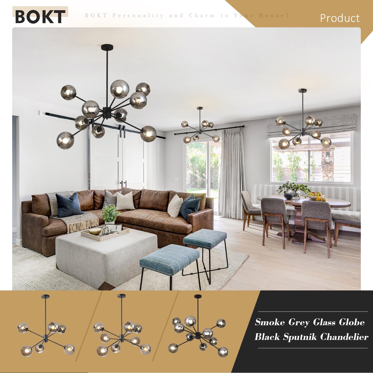 BOKT 6-Light Modern Glass Globe Sputnik Chandelier - Mid Century Matte Black Adjustable Pendant Light Fixture with Vintage Smoke Gray Balls - Perfect for Kitchen, Dining Room, Living Room & Bedroom Lighting