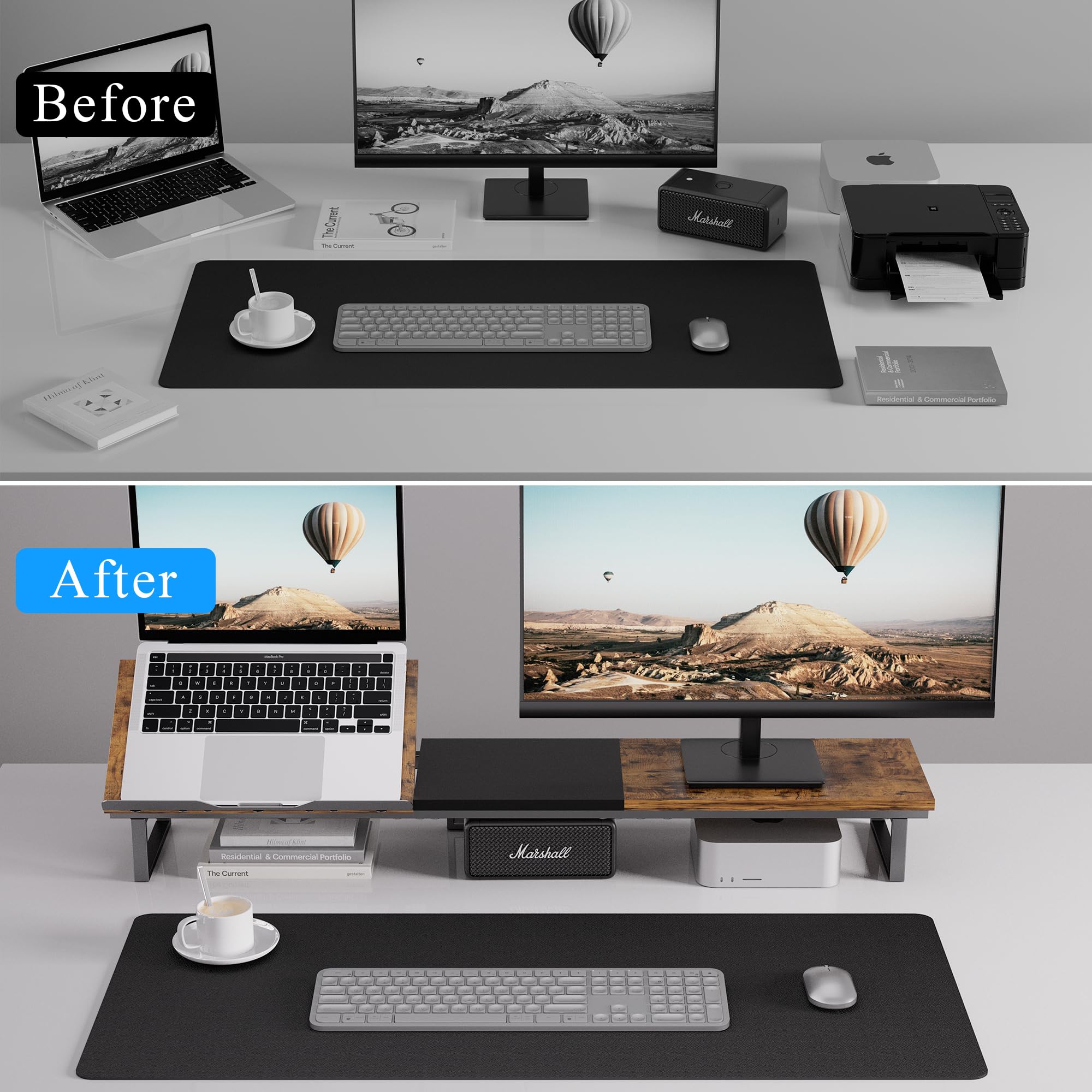 Dual Monitor Stand with Adjustable Laptop Riser - Ergonomic Wooden Desk Stand for 2 Monitors, 7-Angle Adjustable Laptop Holder, Rustic Brown Metal Legs for Home Office Setup