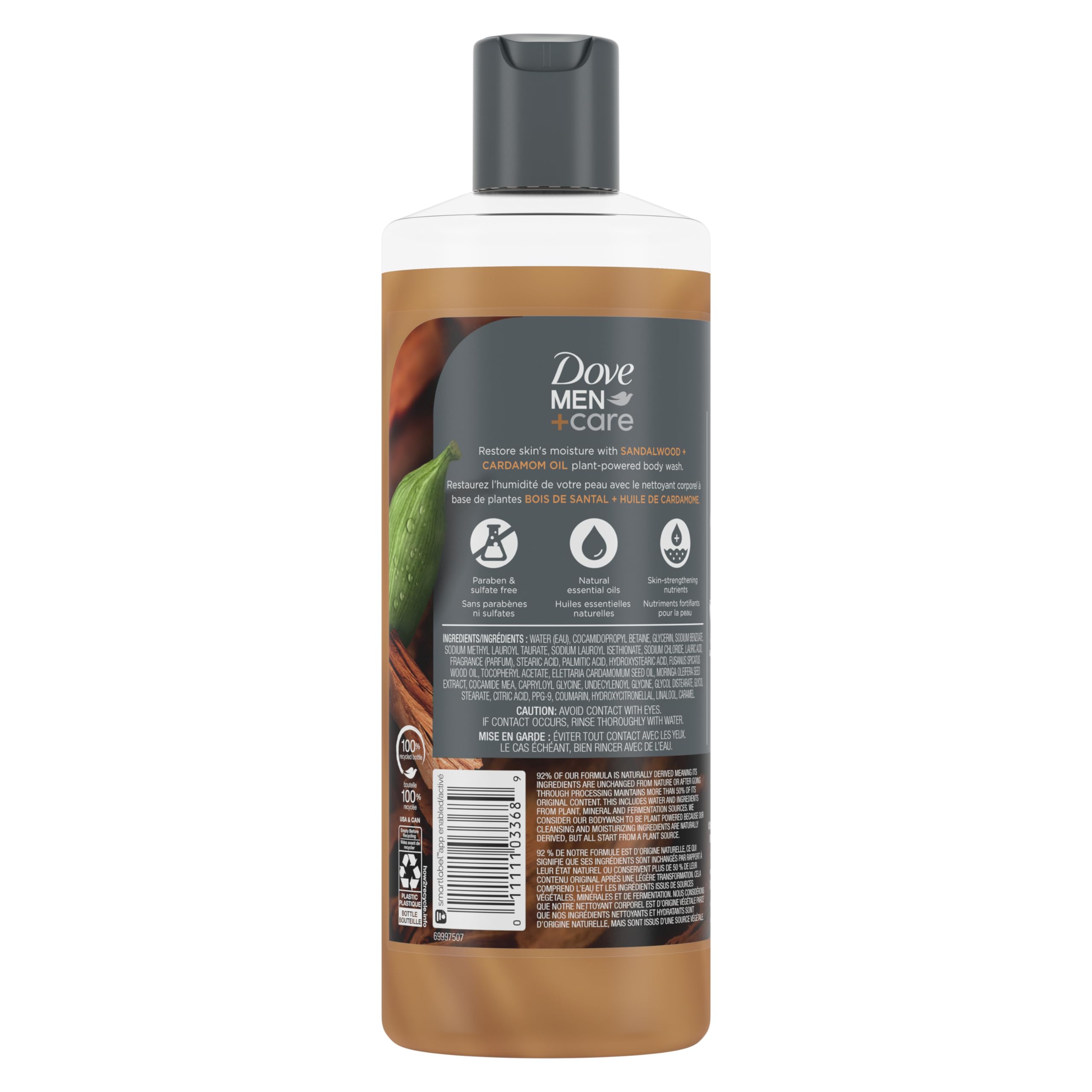 Dove Men+Care Body Wash for Dry Skin - Sandalwood & Cardamom Scented Shower Gel with Natural Oils (4 Pack, 18 oz Each) | Plant-Based Cleansers & Moisturizers | Post-Workout & Daily Shower Essential for Men
