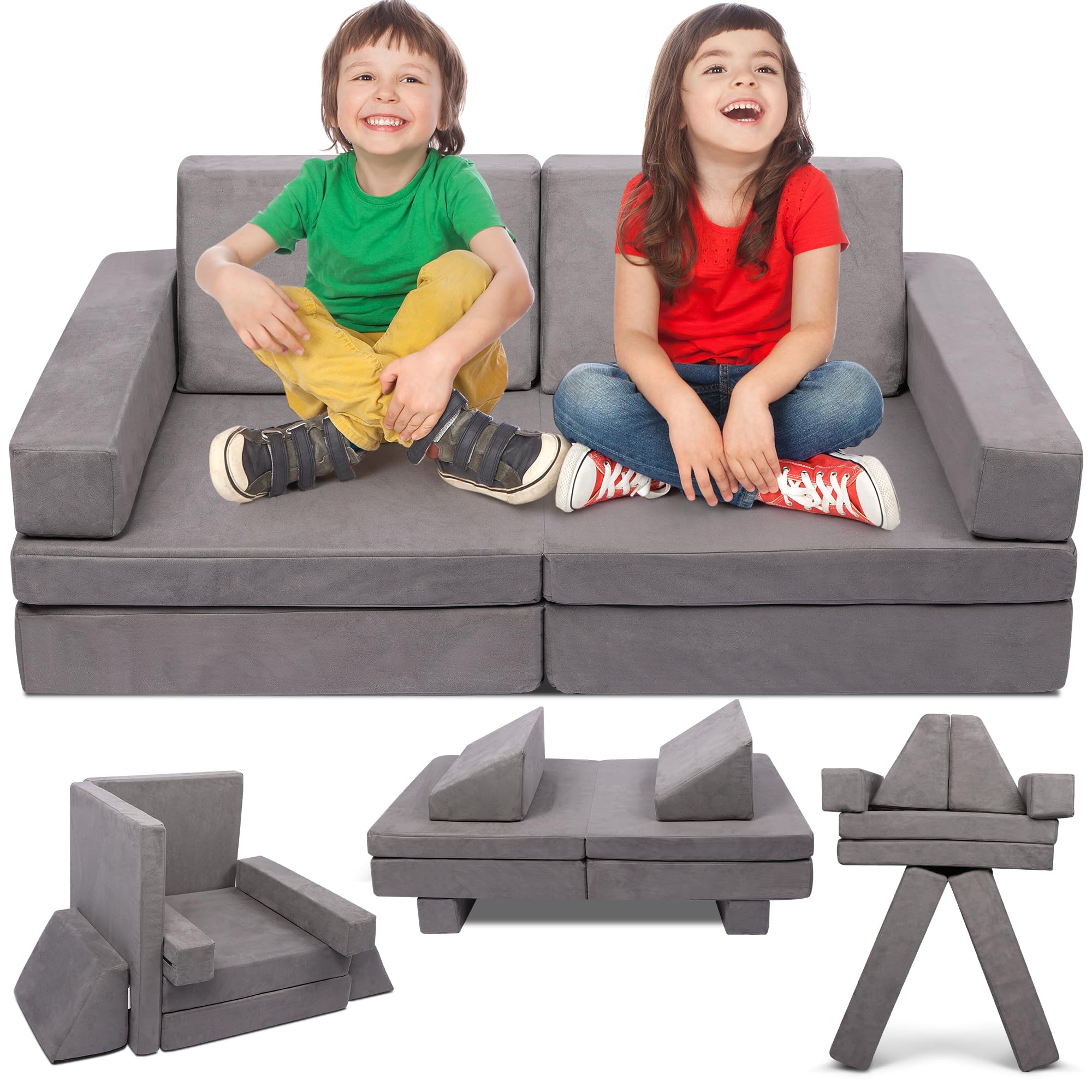 Betterhood Modular Kids Play Couch - Convertible Sectional Sofa for Toddlers to Teens | Creative Playroom Furniture for Boys & Girls | Grey Imaginative Play Set for Bedroom, Living Room & Daycare