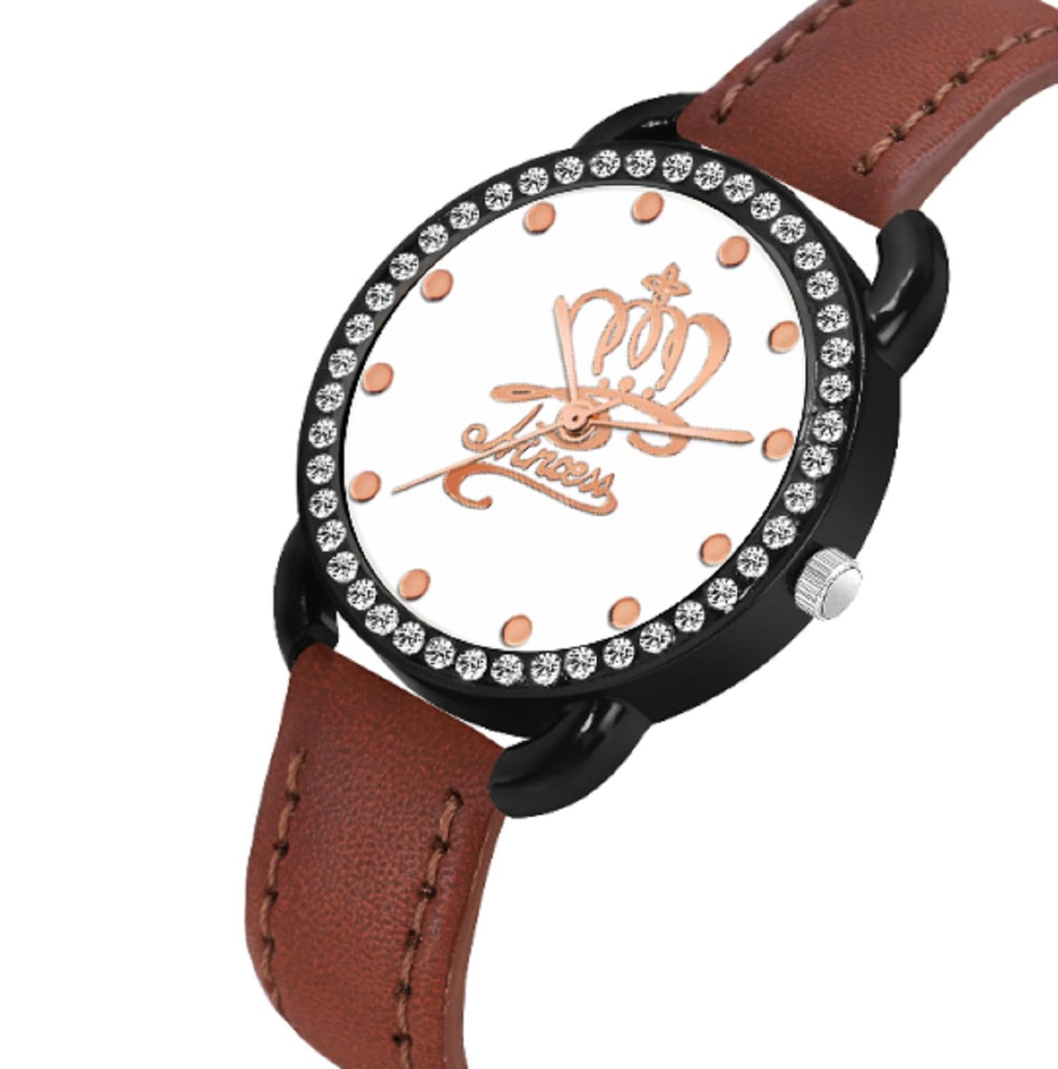 KIROH New Princess White BDM Dial Analog Watch for Women & Girls - Leather Strap, Black | Perfect for Everyday Wear, Office & Special Occasions