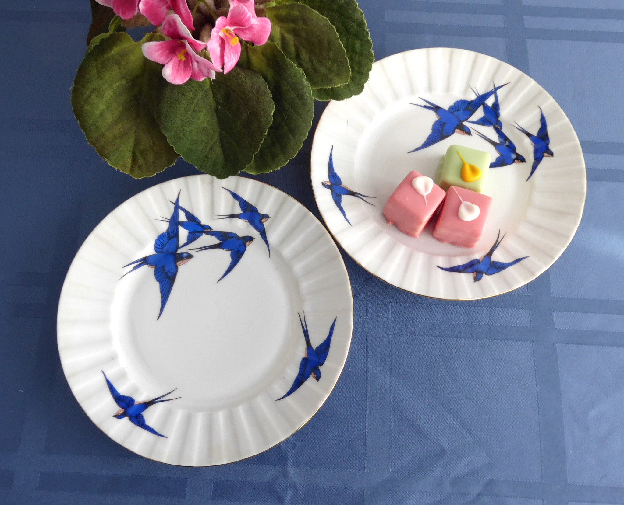 Vintage Blue Bird Plates Set of 2 - 6.5 Inch Cake Plates, Bread & Side Dishes Plates - Czechoslovakia Ceramic Collectibles from 1930s - Perfect for Tea Parties, Vintage Decor & Collectors