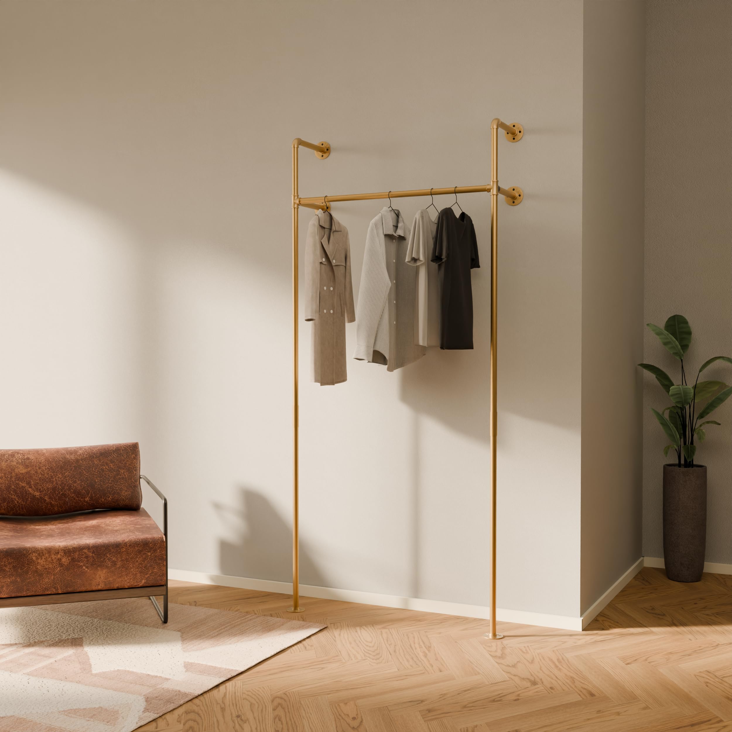Heavy Duty Industrial Pipe Clothing Rack Gold - 260 lbs Capacity Wall Mounted Garment Rack for Walk-In Closet, Wardrobe Organization & Laundry Room Storage - Rustic Vintage Home Decor