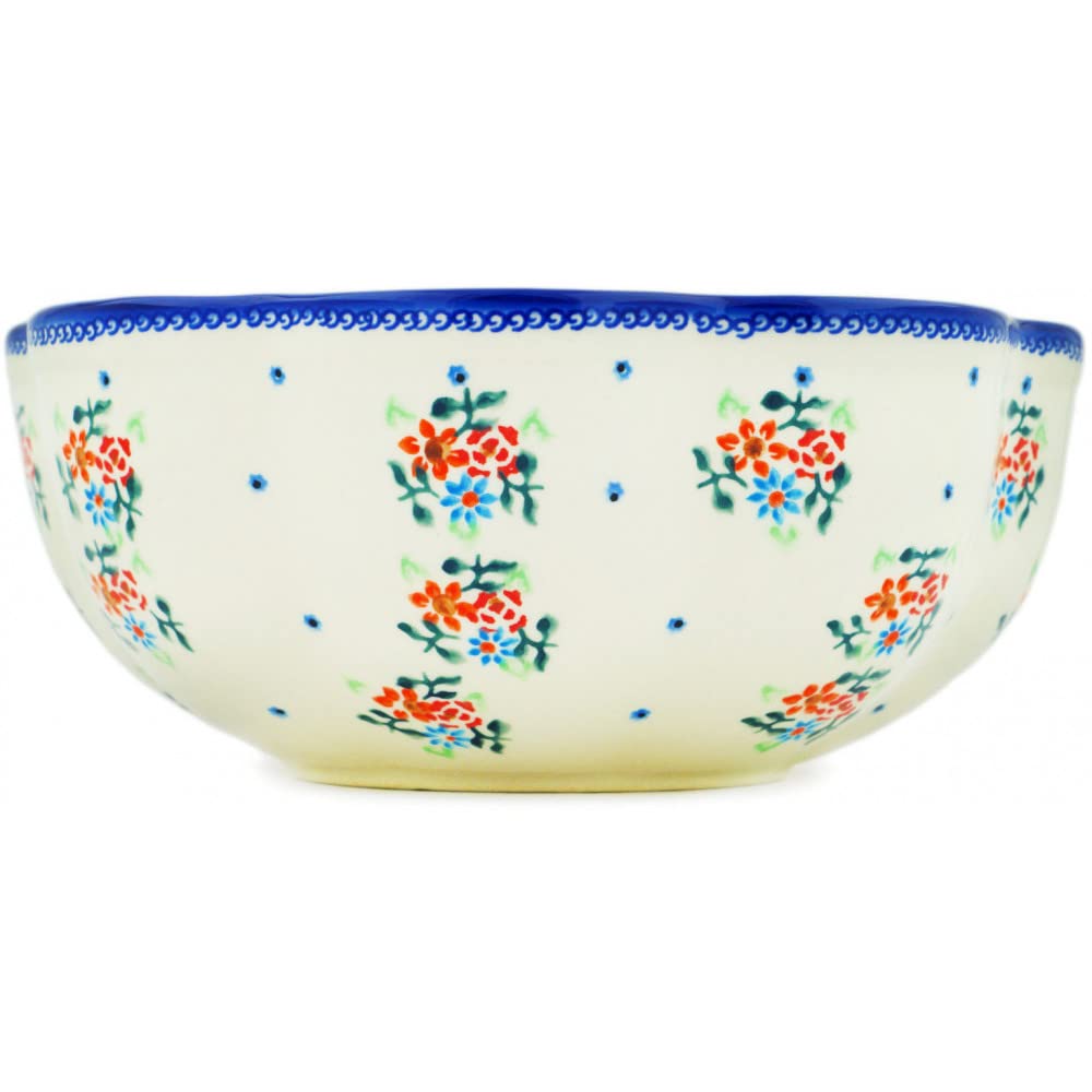 Authentic Polish Pottery 10.25-inch Scalloped Fluted Bowl - Handmade Burst of Spring Design with Certificate of Authenticity | Perfect for Serving, Home Decor & Gift Giving