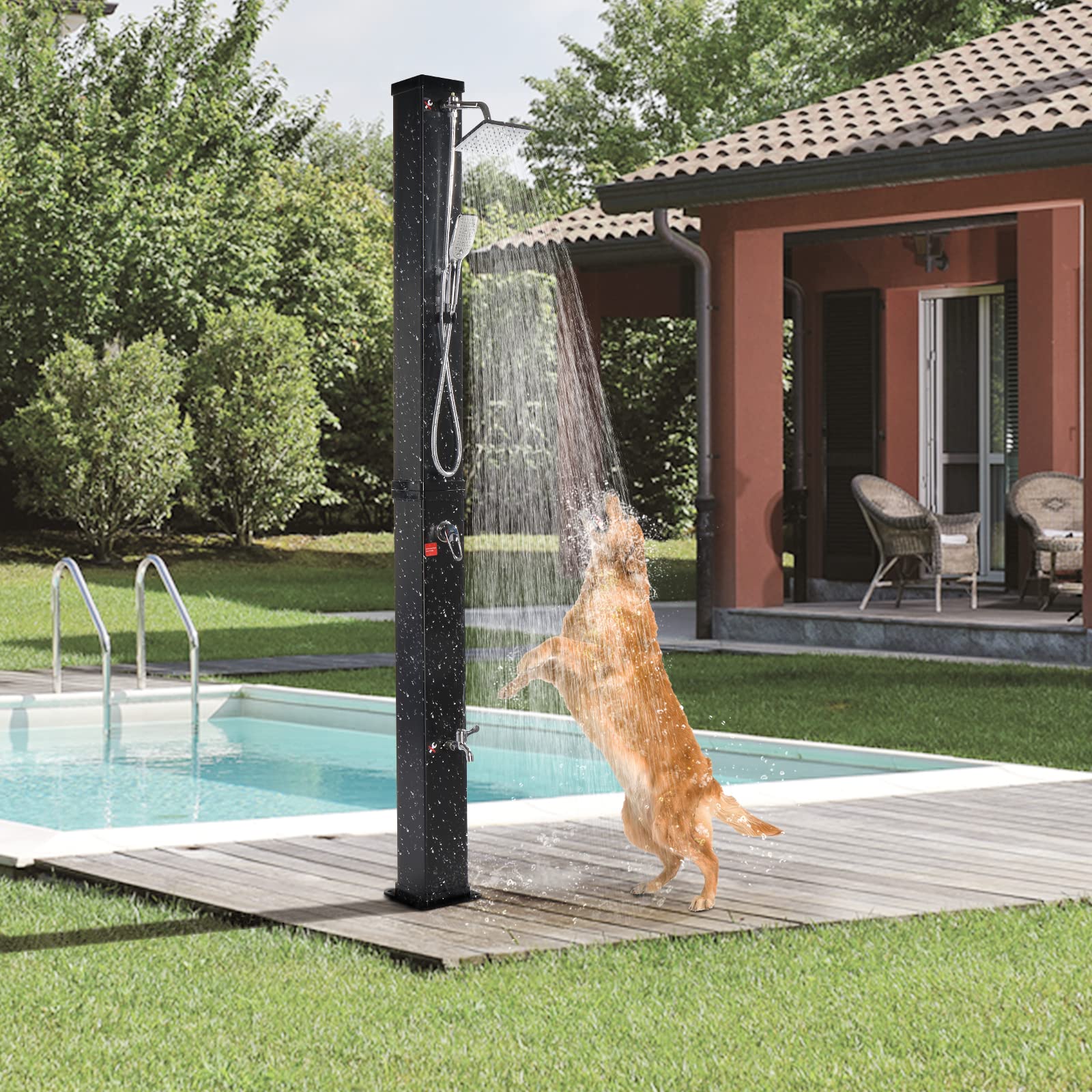 VINGLI 10.6 Gallon Solar Heated Outdoor Shower - Portable Camping Shower with Adjustable Shower Head, Handheld & Foot Tap - Perfect for Backyard, Poolside, Beach, RV, and Spa Use (Black)