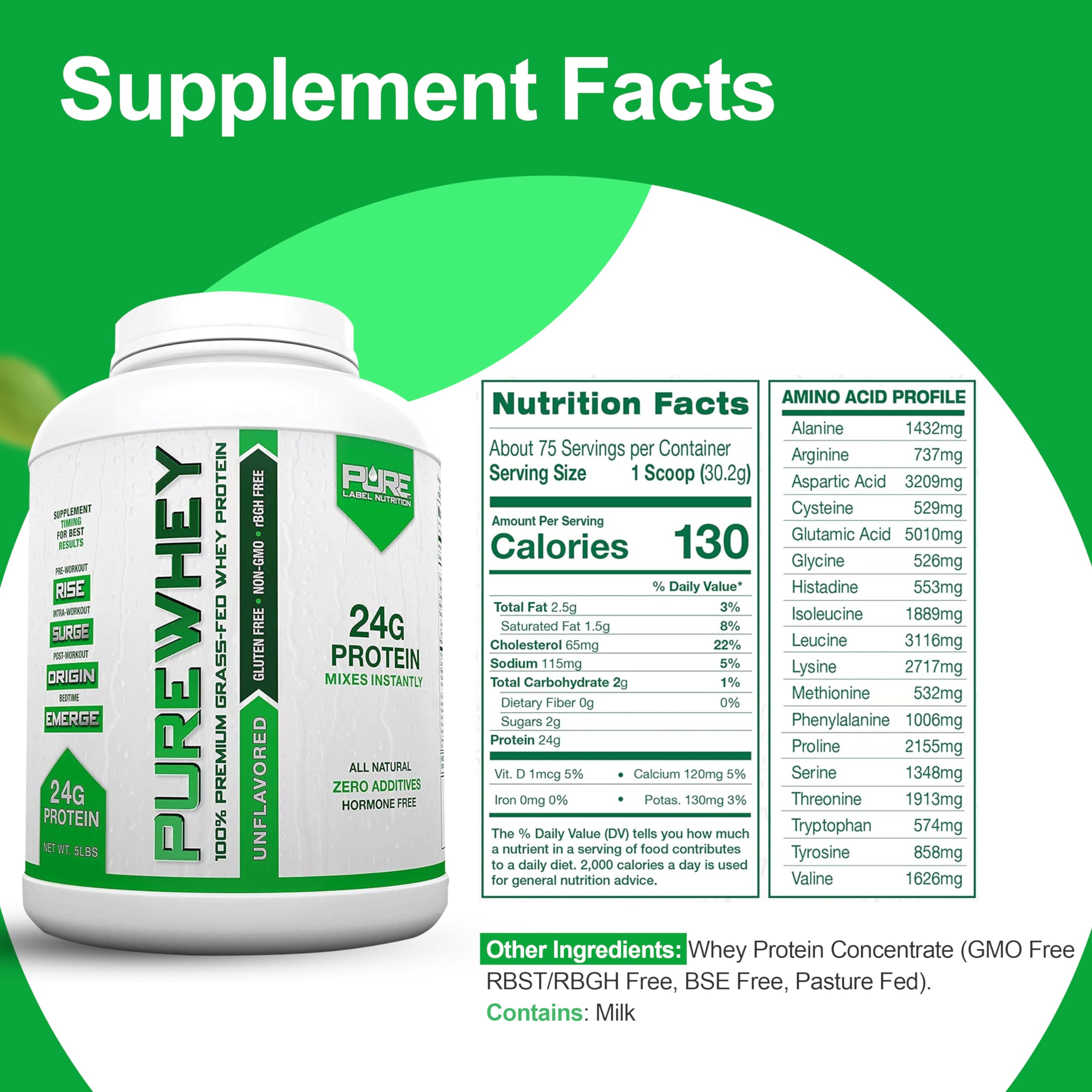 100% Grass-Fed Whey Protein Powder Concentrate - Unflavored, 24g Protein per Serving with Essential Amino Acids | Low Fat & Low Carb for Muscle Building & Workout Recovery | Pre & Post Workout Supplement | Ideal for Gym, Fitness & Bodybuilding - 5lbs Bag