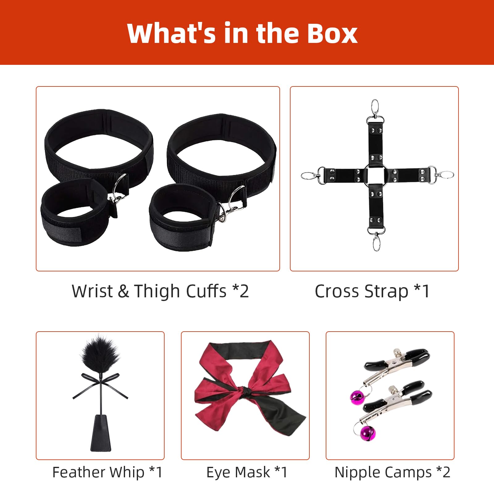 BDSM Bondage Restraints Kit - 7 Piece Bondage Gear Set with Nipple Clamps, Cross Strap, Feather Whip, Blindfold & Cuffs for Couples - Sensual Play & Spice Up Your Intimate Moments