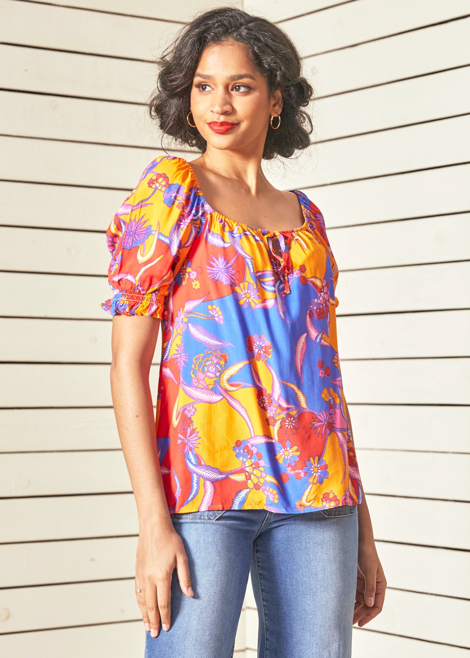 Vibrant Bali Floral Peasant Blouse - Stylish Boho Top for Women | Perfect for Beach Vacations, Summer Outings & Casual Wear