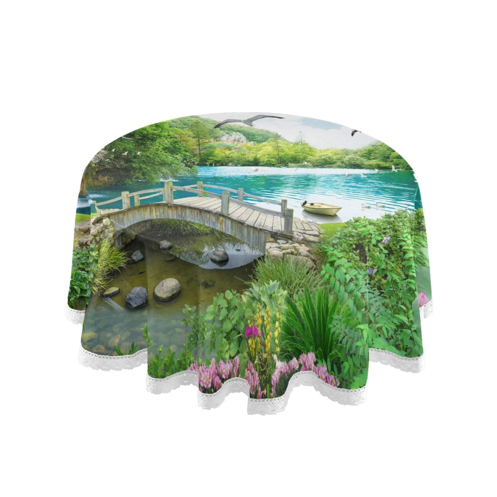 60 Inch Tropical Waterfall Floral Round Tablecloth - Washable Polyester Circular Table Cover for Kitchen, Dining, Party & Picnic Decor | Perfect for Outdoor Gatherings, Summer BBQs and Lakeside Dining