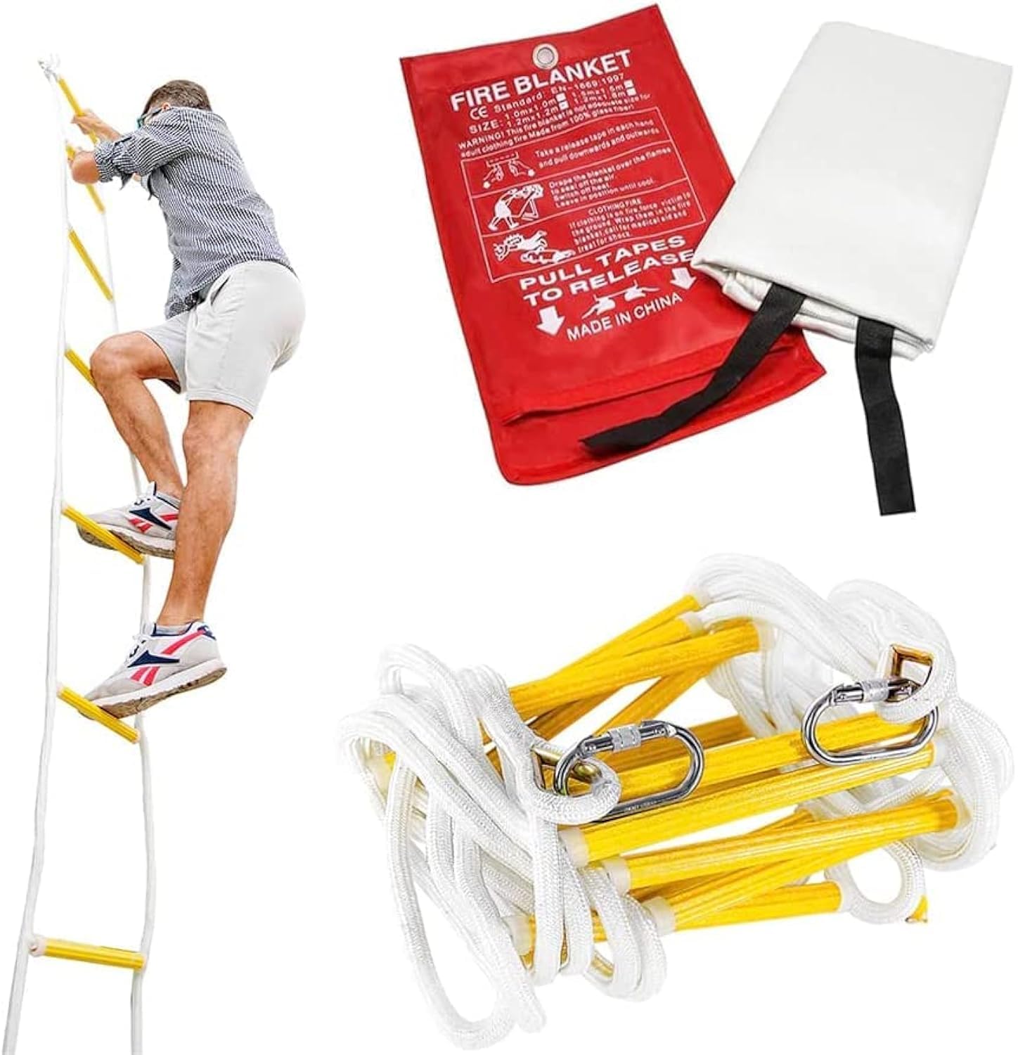 Everest's 25ft Emergency Escape Rope Ladder with Fireproof Blanket (47x70in) - 3-Story Safety Equipment for Home Fire Rescue & Survival Kit for Family - Perfect for Bedrooms, Windows, Apartments & Emergency Preparedness