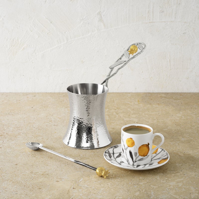 Elegant Pomegranate Silver & Gold Coffee Pot with Spoon - Perfect for Home Brewing, Gifts, and Tea Parties