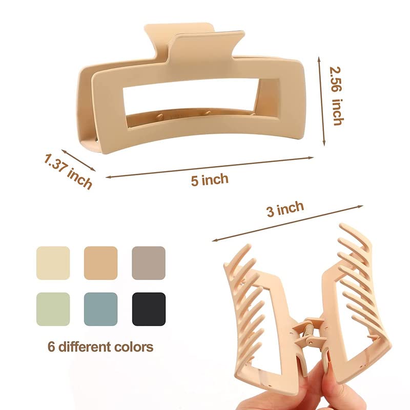 Belicia 6 Pack Extra Large Hair Claw Clips for Women - 5 Inch Big Rectangular Hair Clips, Strong Hold Non-Slip Jumbo Hair Claw for Thick Hair - Perfect for Ponytails, Buns & Updos (Multicolor)