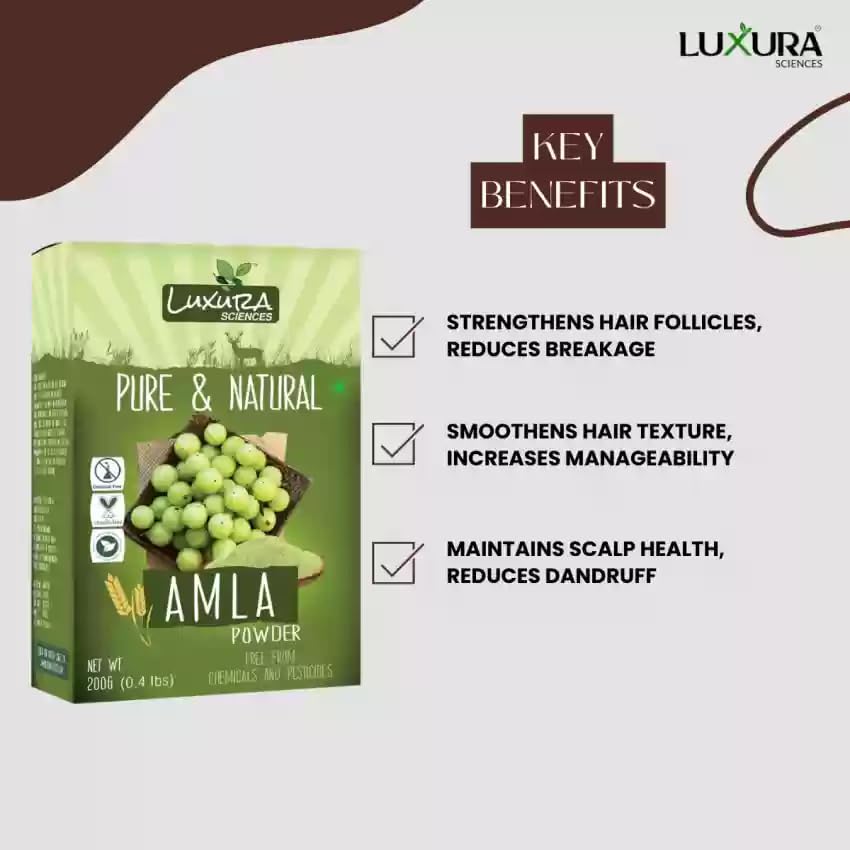 Luxura Sciences Pure Amla Powder for Hair Growth (200g) - Natural Vitamin C & Antioxidant Rich Hair Care Treatment - DIY Hair Masks for Dry, Damaged Hair - Strengthens & Nourishes Scalp - Perfect for Ayurvedic Hair Regimen & Holistic Beauty Routines