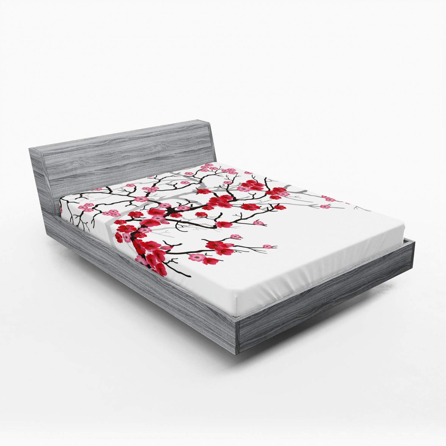 Ambesonne Nature Fitted Sheet - Full Size Dark Brown Coral Sakura Flower Design | Deep Pocket Elastic Bed Cover for Comfort | Perfect for Japanese-Themed Bedrooms & Spring Home Decor