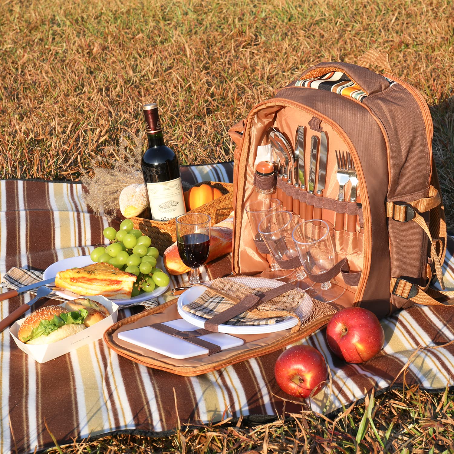 Flexzion 4-Person Picnic Backpack Set with Insulated Compartment, Detachable Wine Holder, Plates & Cutlery - Perfect for Outdoor Dining, Beach Trips & Wine Tasting (Brown)