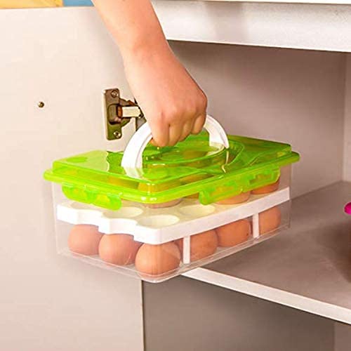 32 Grid Double Layer Plastic Egg Storage Container with Lid & Tray - Portable Refrigerator Organizer for Kitchen, Camping & Picnic (Pack of 1) | Fresh Egg Carrier for Home & Outdoor Use