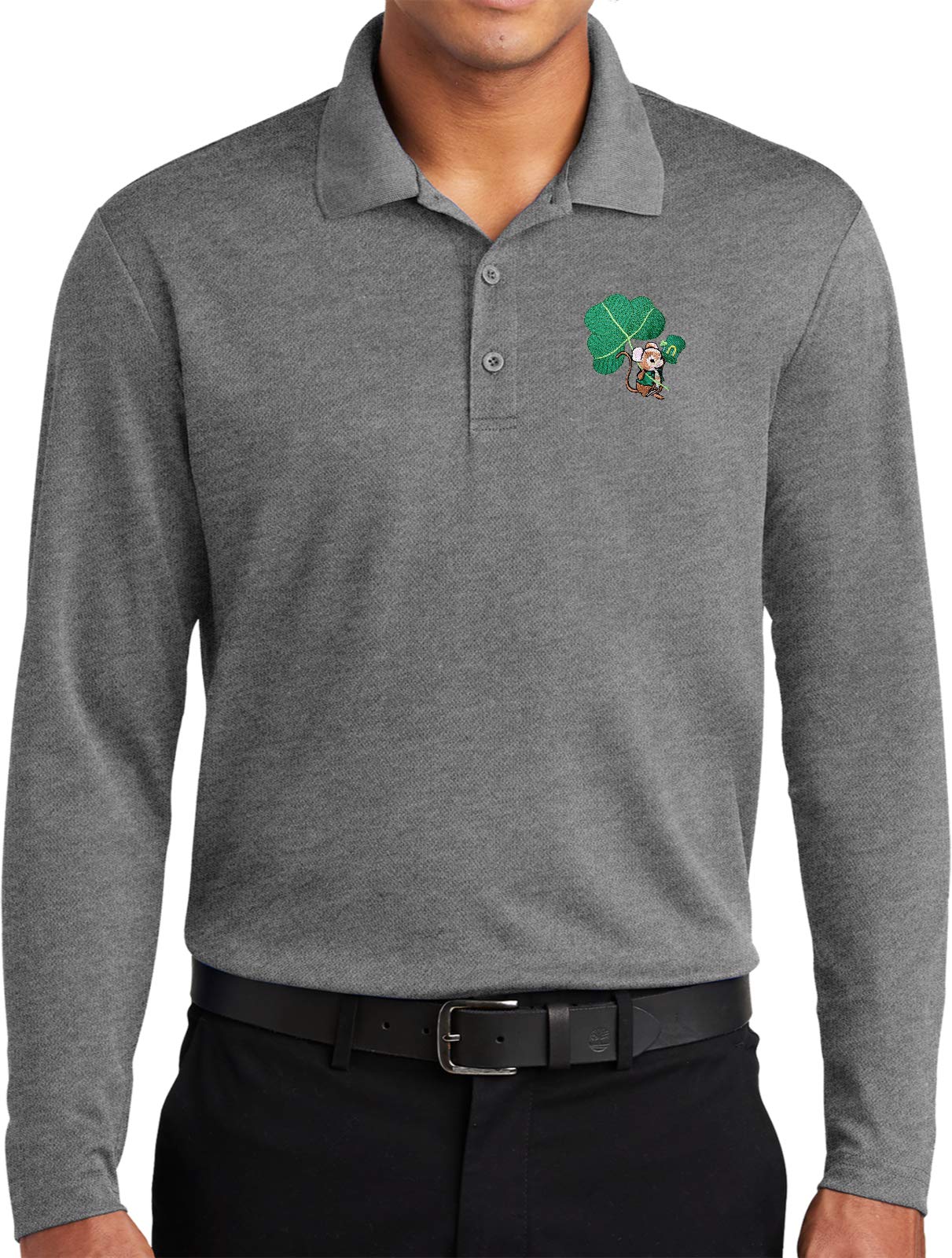 St. Patrick's Day Lucky Irish Mouse Patch Pocket Long Sleeve Polo Shirt - Perfect for Irish Festivals, Pub Crawls & St. Paddy's Day Celebrations