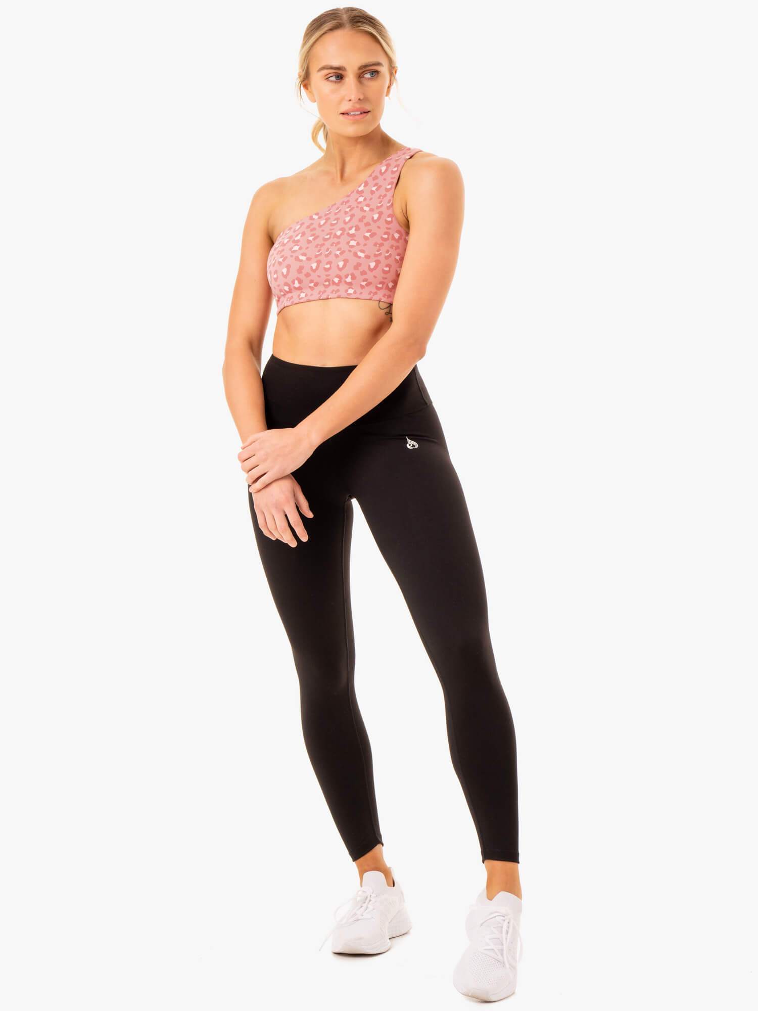 Adapt One Shoulder Sports Bra - Pink Leopard Print Workout Top for Women | Yoga, Running & Gym Fitness Apparel