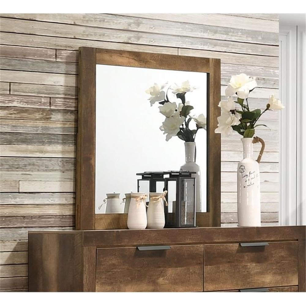 Acme Morales Square Dresser Mirror with Solid Wood Frame in Rustic Oak Finish - Perfect for Bedroom Vanity, Entryway Decor & Farmhouse Style Home