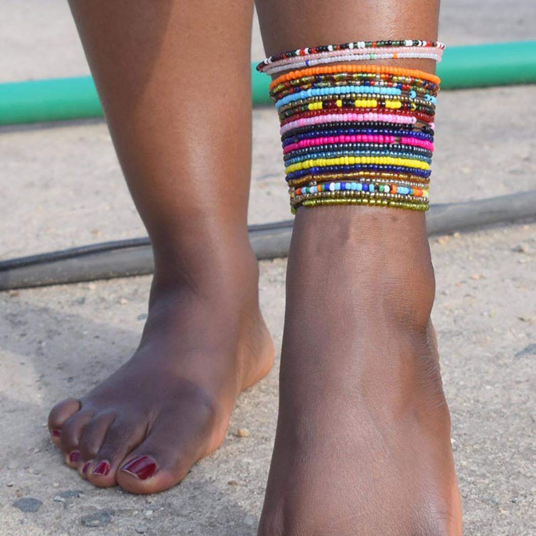 ELABEST African Beads Anklet - 18pcs Boho Beaded Ankle Bracelet, Elastic Bead Foot Chain Jewelry for Women (Multicolor) - Perfect for Summer Festivals, Beach Parties & Boho Fashion Accessories