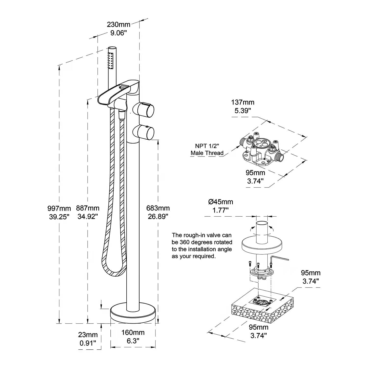 Thermostatic Freestanding Bathtub Faucet - Oil Rubbed Bronze Waterfall Tub Filler with Hand Shower & Rough-in Valve | Floor Mount Brass Bathroom Faucet for Luxury Spa & Master Bathroom Renovation