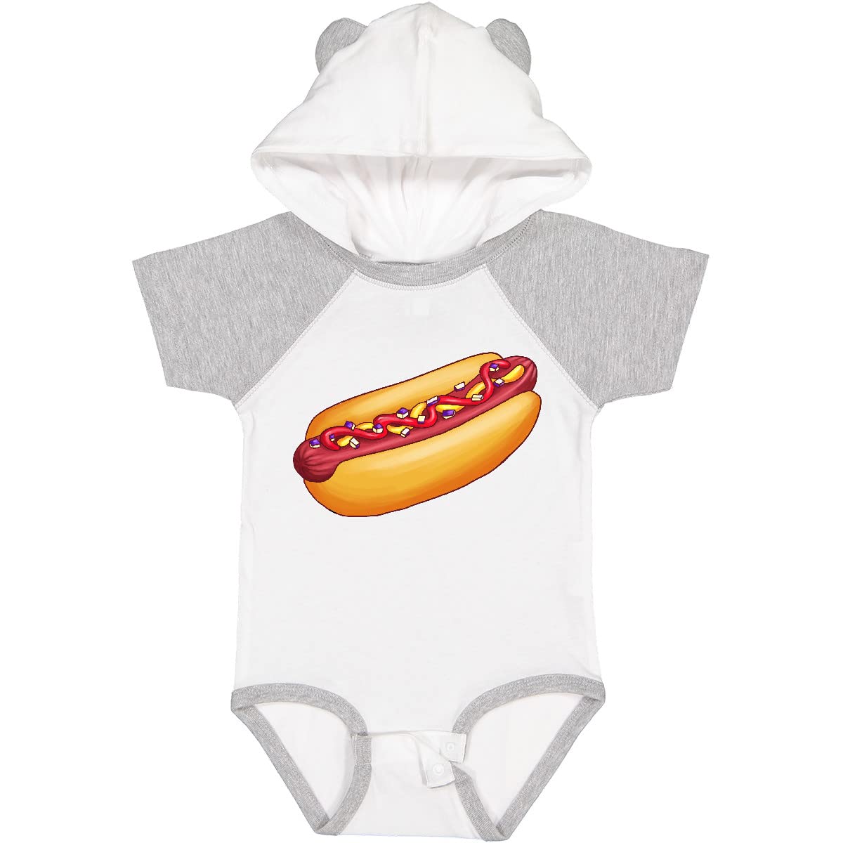 Inktastic Hot Dog Graphic Baby Bodysuit with Mustard, Onions & Ketchup - Cute Outfit for Infants, Toddler Photo Shoots & Family BBQ Events