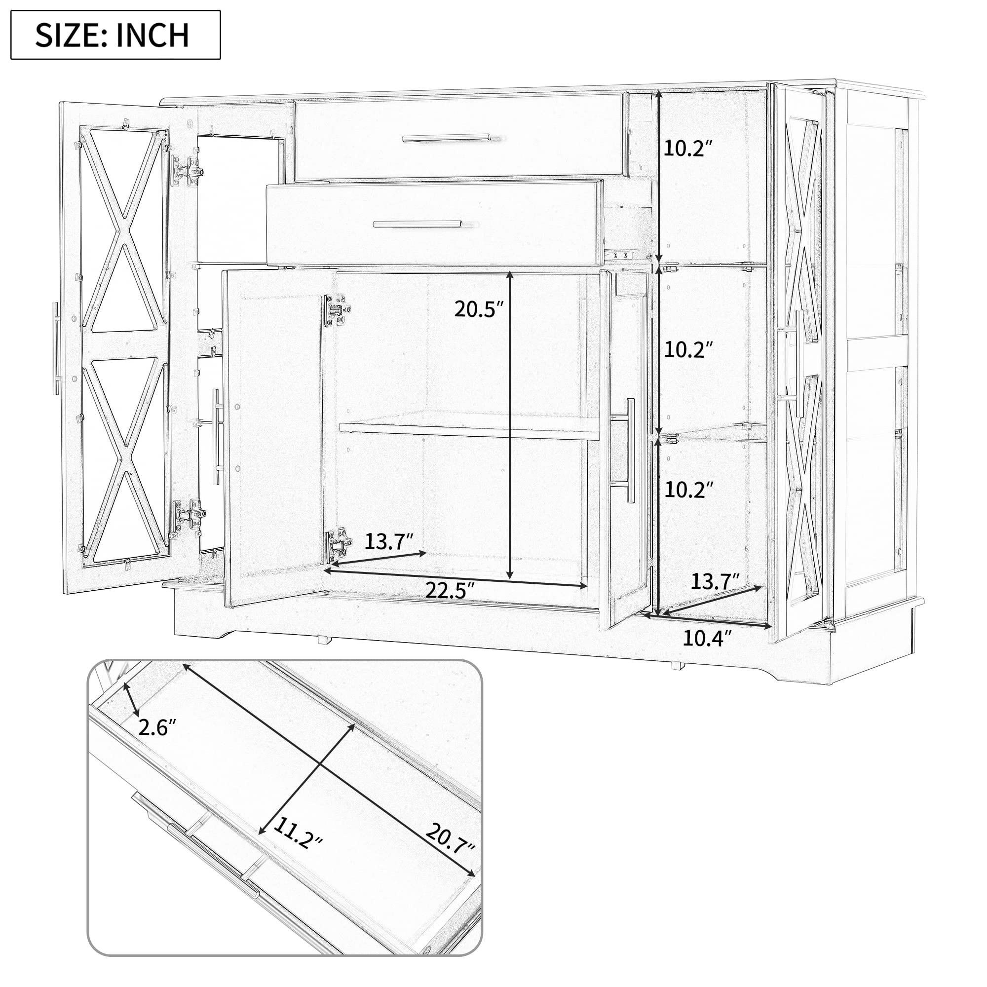 Glass Buffet Cabinet with 2 Drawers & Doors - Storage Sideboard for Dining Room